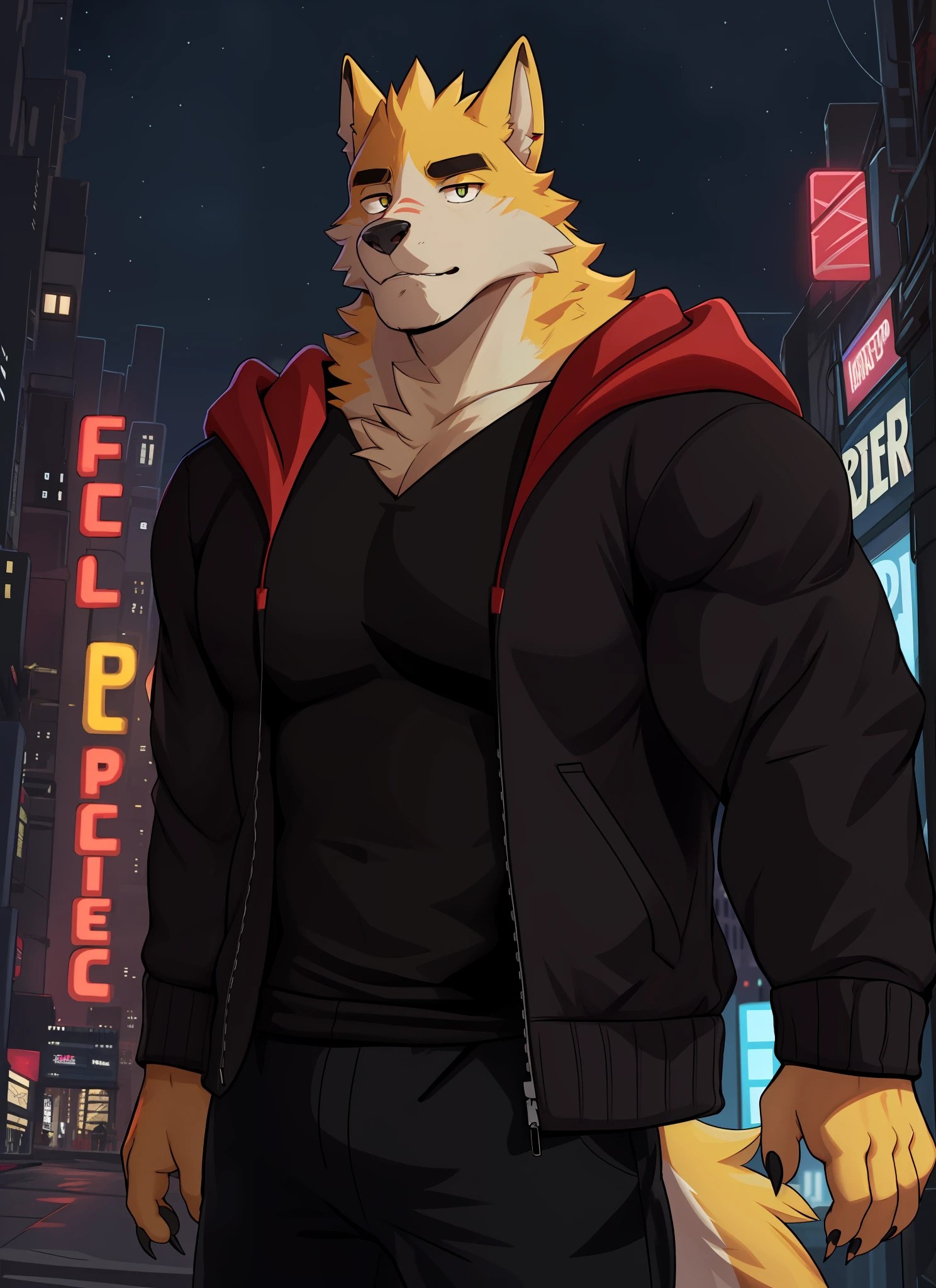 cooper krager, solo, looking at viewer, shirt, 1boy, jacket, male focus, open clothes, hood, black shirt, hoodie, muscular, pectorals, muscular male, bara, hooded jacket, sharp fingernails, night city, neon, furutistic, yellow fur