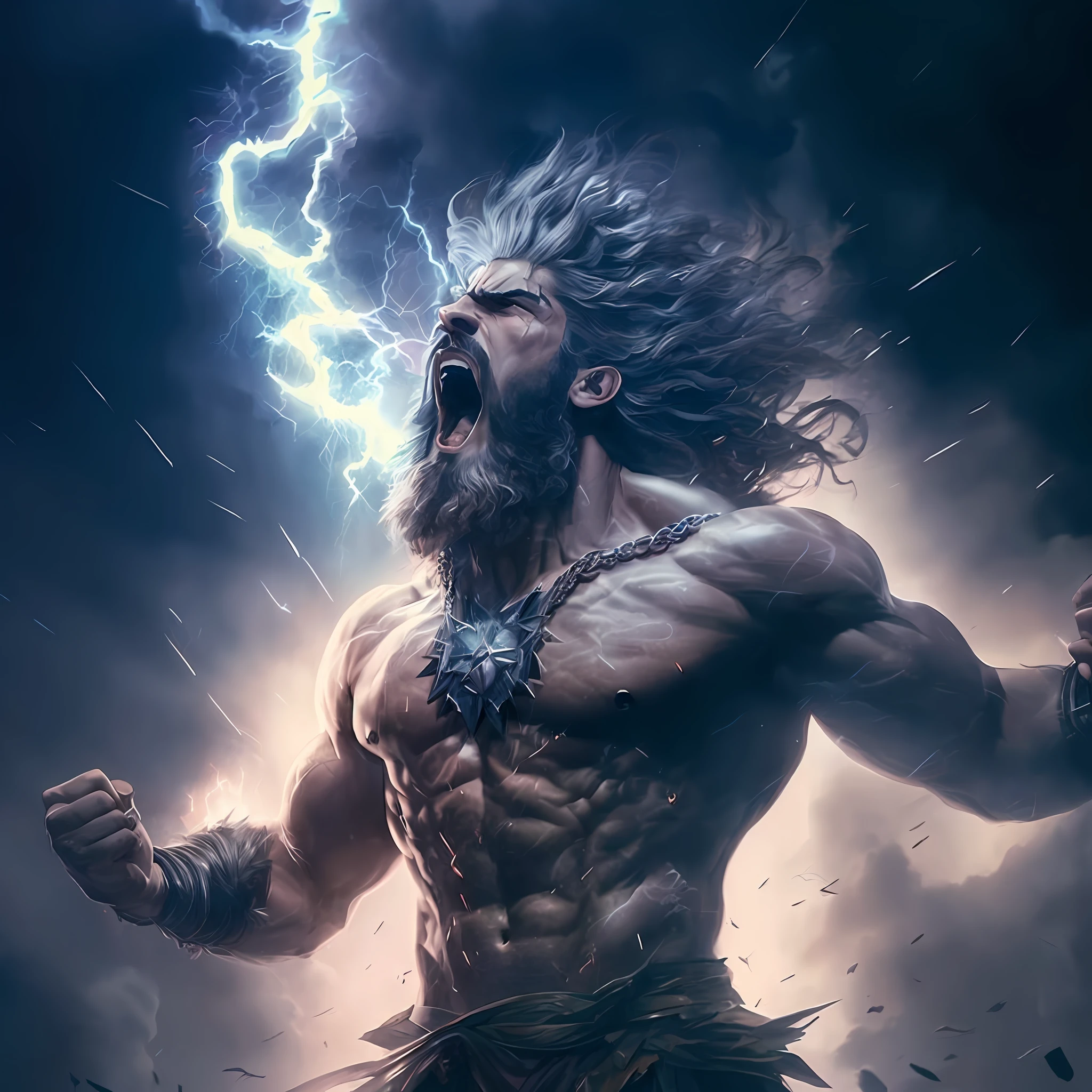 a close up of a man with a lightning bolt in his hair, furious god zeus, epic scene of zeus, greek myth digital painting, greek god, the god zeus, the god of thunder, god of thunder, painted portrait of rugged zeus, the greek god, the god hades, god shiva the destroyer, portrait of demigod hercules