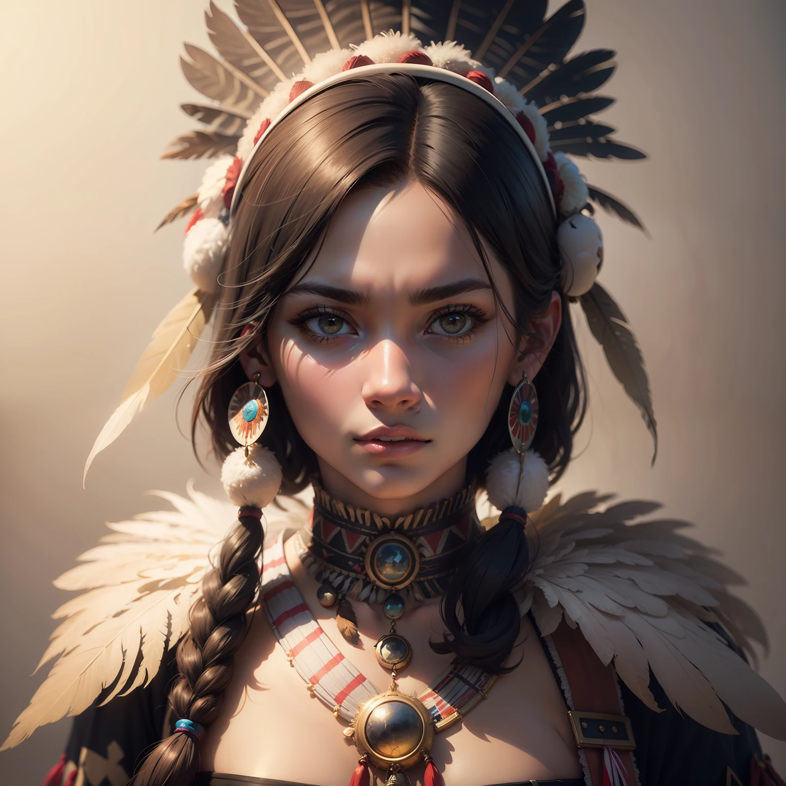 American Indian portrait with large feather headdress, very colorful, about 18 years old, half body, lights and shadows, ultadetailed, very detailed, 4K, 8K, photoreal. , (((masterpiece))), (((best quality))). Ultra-defined, lots of detail, beautiful face, soft features. Studio photo, colorful background. Real photo. fantasy.