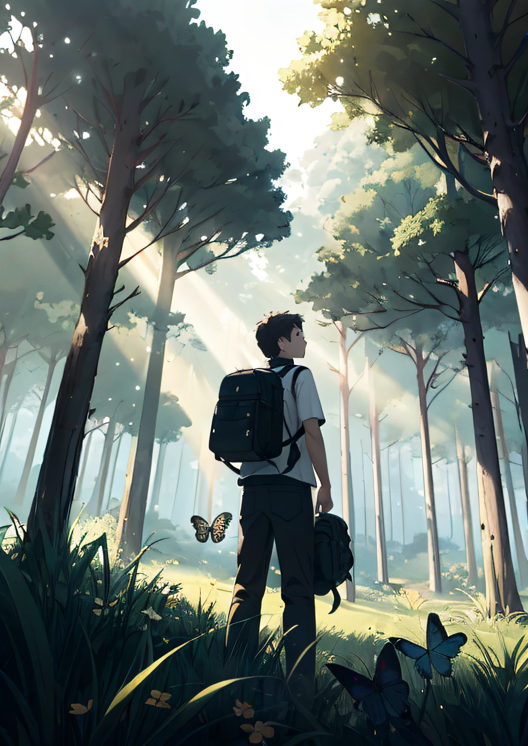 young boy with 8 years of age in white shirt and an adventurer's mocila on his back and with dark hair and dark eyes and a surprised face while admiring the landscape, around him some birds and rabbits besides giant trees and many stunning and beautiful butterflies, in a closed and dark forest with rays of light,  many butterflies, enough butterflies together, better picture quality, adventurer's backpack