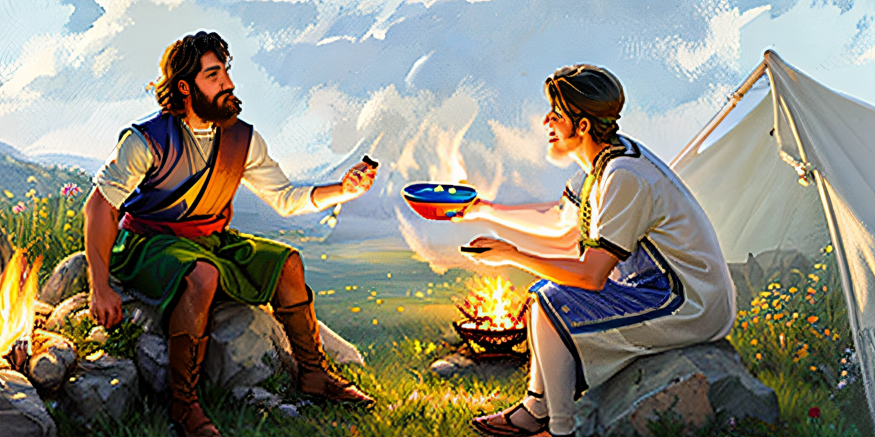 Painting of two men sitting on rocks in a field with a campfire, Petros and Leonid, by Juan O'Gorman, Greek myth digital painting, Rob Rey, offering soup, by Julian Allen, biblical illustration, biblical painting, Esau and Jacob
