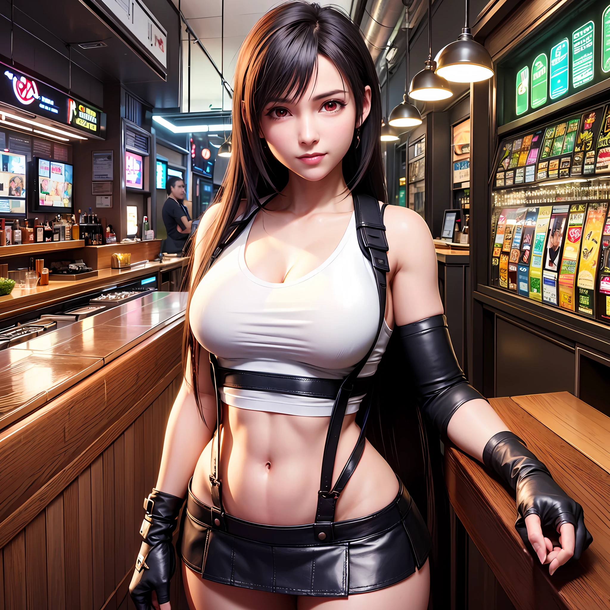 8k,masterpiece, bset quality,big, (1 girl), tifa lockhart, red_eyes, black hair, long hair, shiny skin, shiny big, ((best quality)), crisp focus: 1.2, highly detailed face and skin texture, detailed eyes, perfect face, perfect body, art, cg, blur background, big with presence, (20yo, mature cool and beautiful face), wearing ((suspender black skirt)),( black elbow gloves, white taut shirt, thigh, white tank top, belly button), jukebox, old bar, upper body, smile,