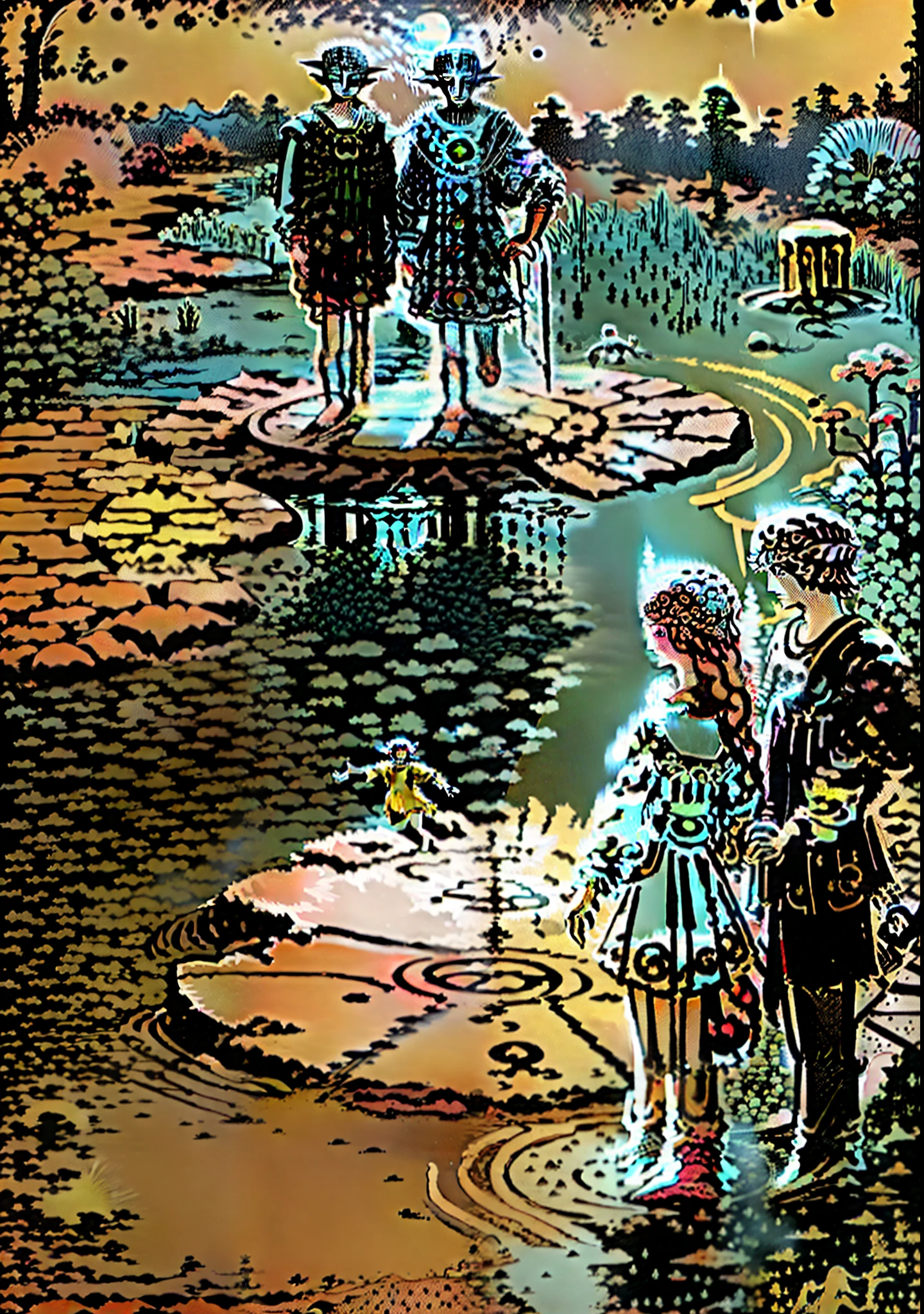 Make a tarot-style picture of a couple, and then show their two faces, standing on a waterhole, the shadow under the couple is a demon, and above the waterhole are ordinary humans, and the reflection of the water is a demon