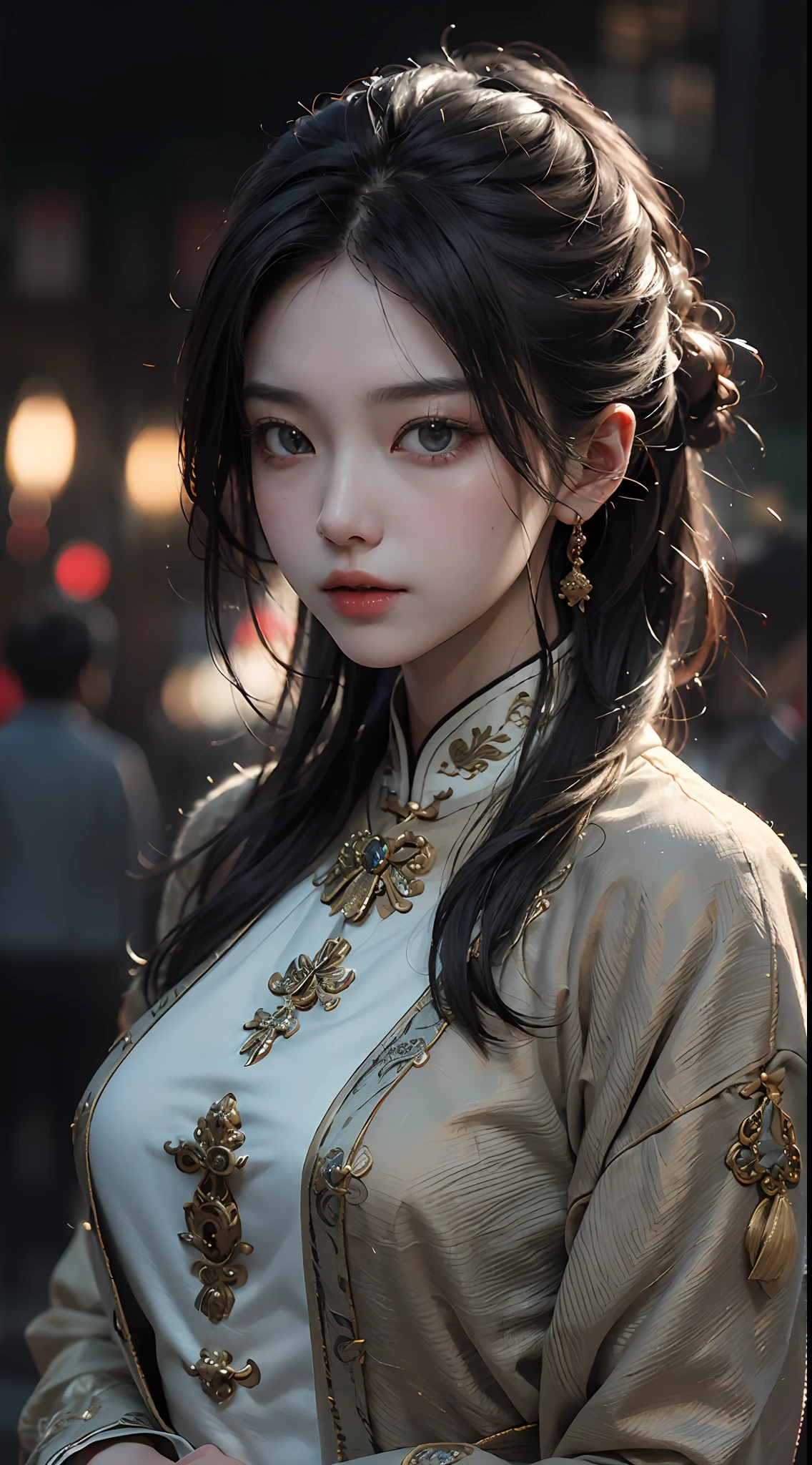 Best quality, (RAW photos: 1.2), (Masterpiece: 1.4), (Realistic: 1.4), (High resolution: 1.4), Chinese actress Gulinazha, depth of field, intricate details, 8k, very detailed, perfect lighting, epic background, big bust 1.3, black Zhongshan suit