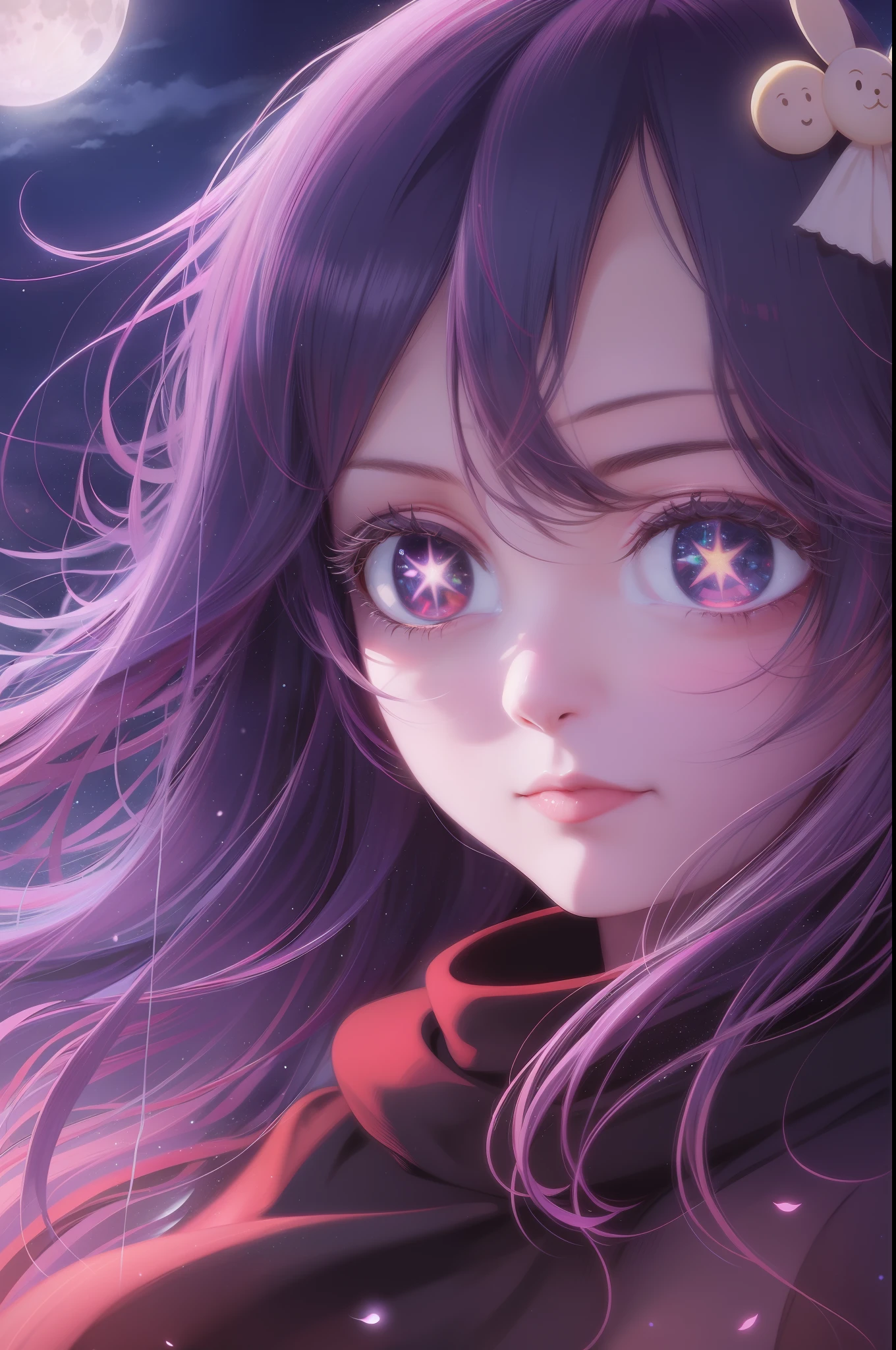 masterpiece, (best quality:1.2), (ultra-detailed:1.2), illustration, (an extremely delicate and beautiful:1.2),cinematic angle,floating, (beautiful detailed eyes:1.1), (detailed light:1.1),cinematic lighting, beautifully detailed sky, women, Hoshino Ai, long hair, purple hair, streaked hair ,purple eyes, star-shaped pupils, hair ornament, cloak, glowing eyes, (moon:1.2), (moonlight:1.1), starry sky, (lighting particle:1.1), fog, snow painting, sketch, bloom