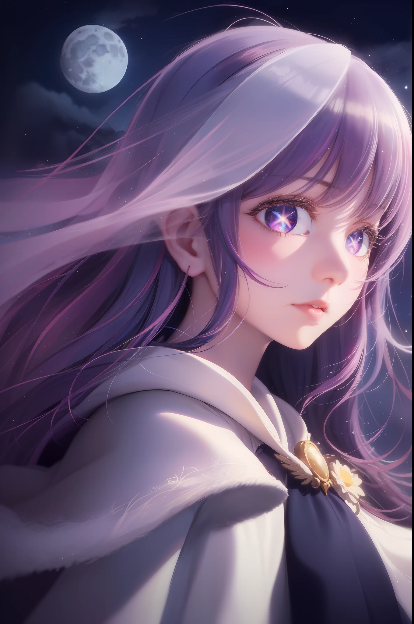 masterpiece, (best quality:1.2), (ultra-detailed:1.2), illustration, (an extremely delicate and beautiful:1.2),cinematic angle,floating, (beautiful detailed eyes:1.1), (detailed light:1.1),cinematic lighting, beautifully detailed sky, women, Hoshino Ai, long hair, purple hair, streaked hair ,purple eyes, star-shaped pupils, hair ornament, cloak, glowing eyes, (moon:1.2), (moonlight:1.1), starry sky, (lighting particle:1.1), fog, snow painting, sketch, bloom