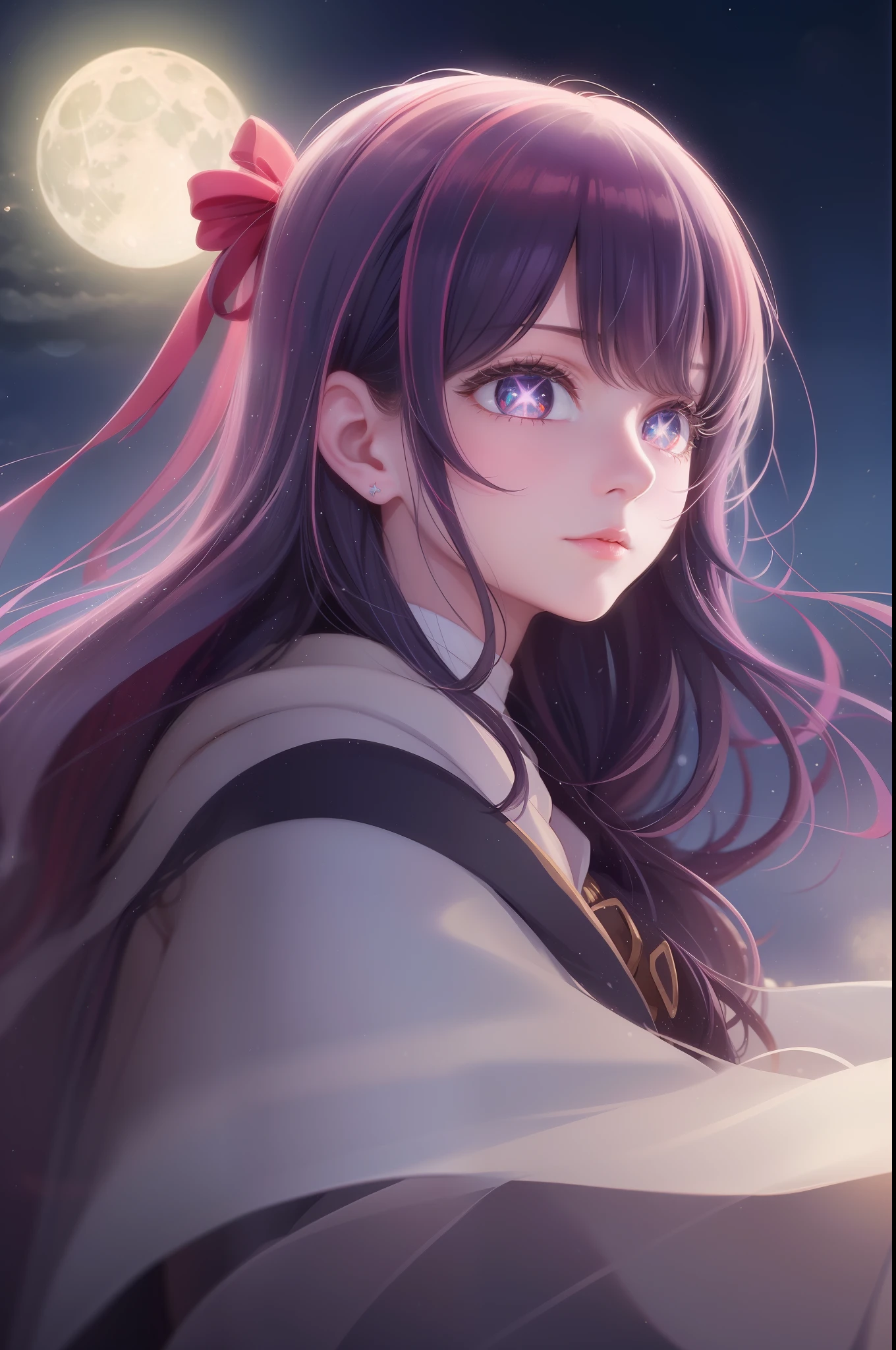 masterpiece, (best quality:1.2), (ultra-detailed:1.2), illustration, (an extremely delicate and beautiful:1.2),cinematic angle,floating, (beautiful detailed eyes:1.1), (detailed light:1.1),cinematic lighting, beautifully detailed sky, women, Hoshino Ai, long hair, purple hair, streaked hair ,purple eyes, star-shaped pupils, hair ornament, cloak, glowing eyes, (moon:1.2), (moonlight:1.1), starry sky, (lighting particle:1.1), fog, snow painting, sketch, bloom