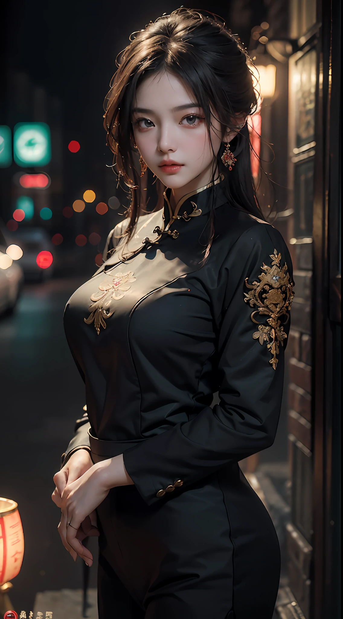 Best quality, (RAW photos: 1.2), (Masterpiece: 1.4), (Realistic: 1.4), (High resolution: 1.4), Chinese actress Gulinazha, depth of field, intricate details, 8k, very detailed, perfect lighting, epic background, big bust 1.3, black Zhongshan suit