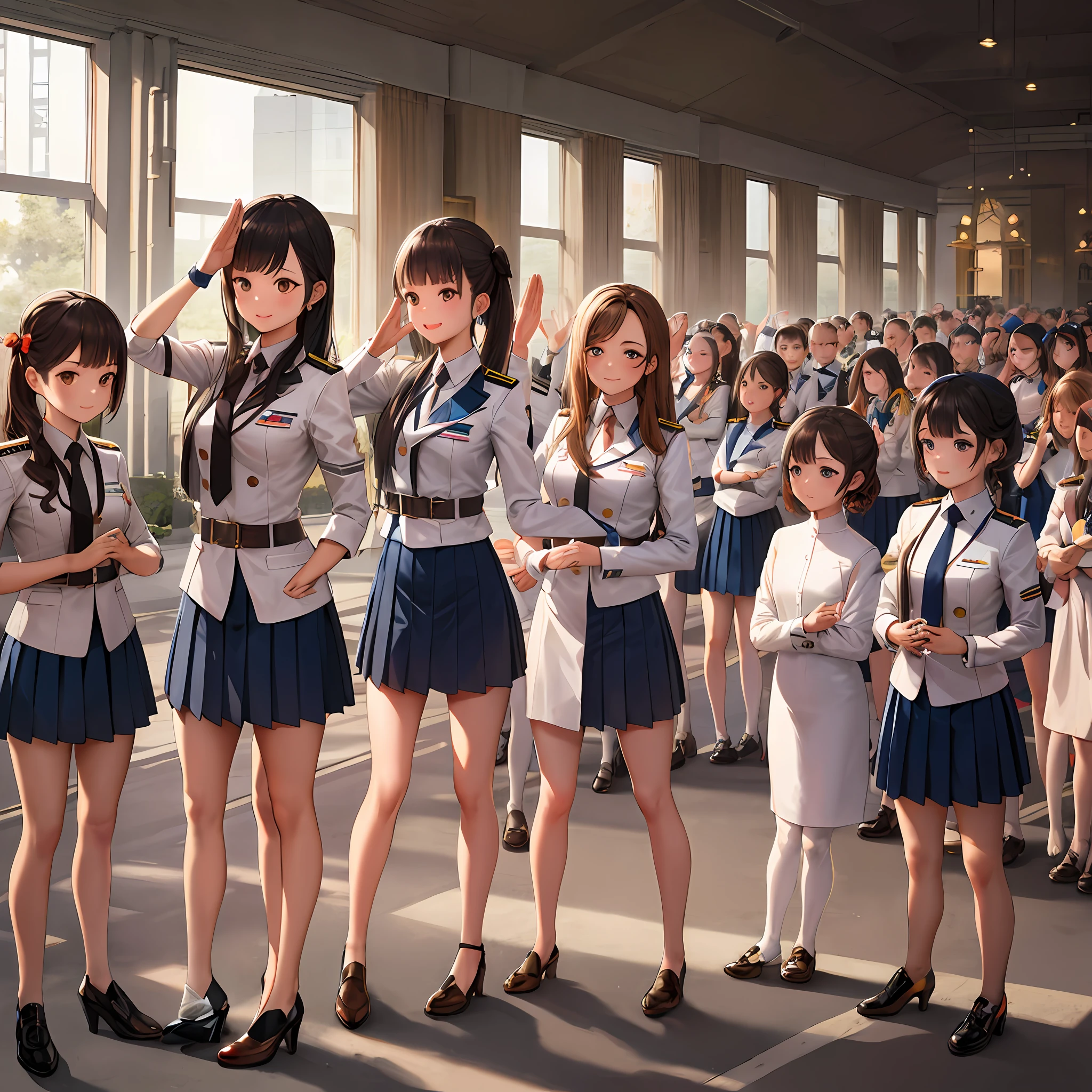 masterpiece, best quality, highres, 100+girls, crowd, identical sisters, clones, neat rows of sisters, neat columns of sisters, sisters standing in formation, military uniform, matching outfits, long hair, curly hair, ponytail, matching hairstyle, hazel eyes, brown hair, black necktie, blue bow, brown skirt, salute, smile, indoors, group shot, full body, bare legs, black high heels