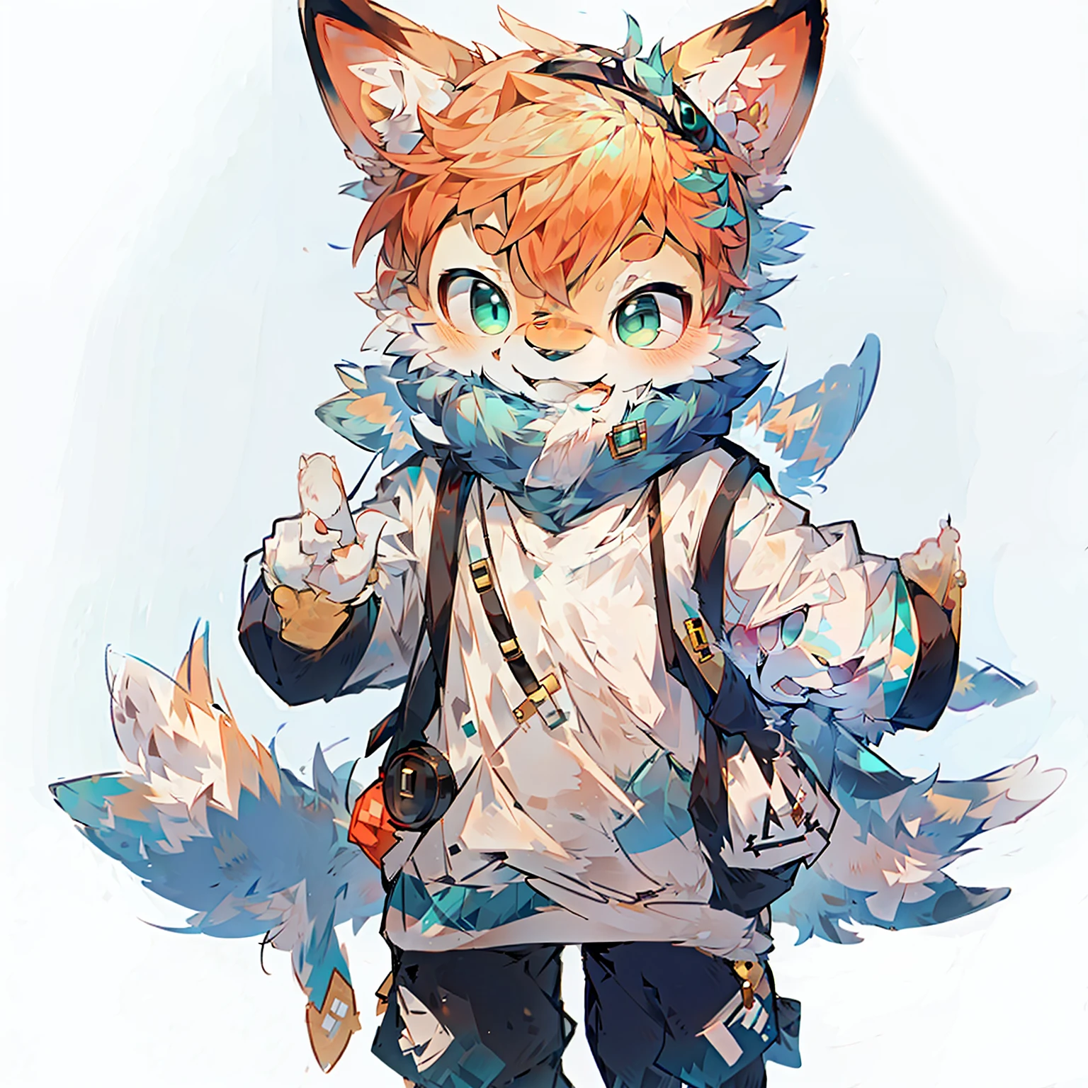 masterpiece, high quality portrait, realistic, human, furry, teal fur with gold pattern on arms and legs , (cub), (beard), solo  boy, meadow, shirt, (laughs), (full lens), (felino), (keygen top), happy, standing