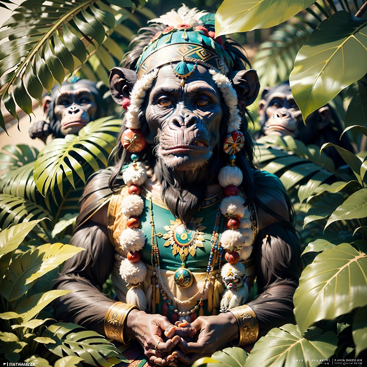 Chimpanzee ((Indian),, ((with hands praying)),, chimpanzee hands, hair with details, with indigenous headdress on the head, ((meditating)) colorful feathers, facing the camera, detail: dense tropical foliage, highly detailed intricate, ((masterpiece)), ultra hyperrealistic, masterpiece