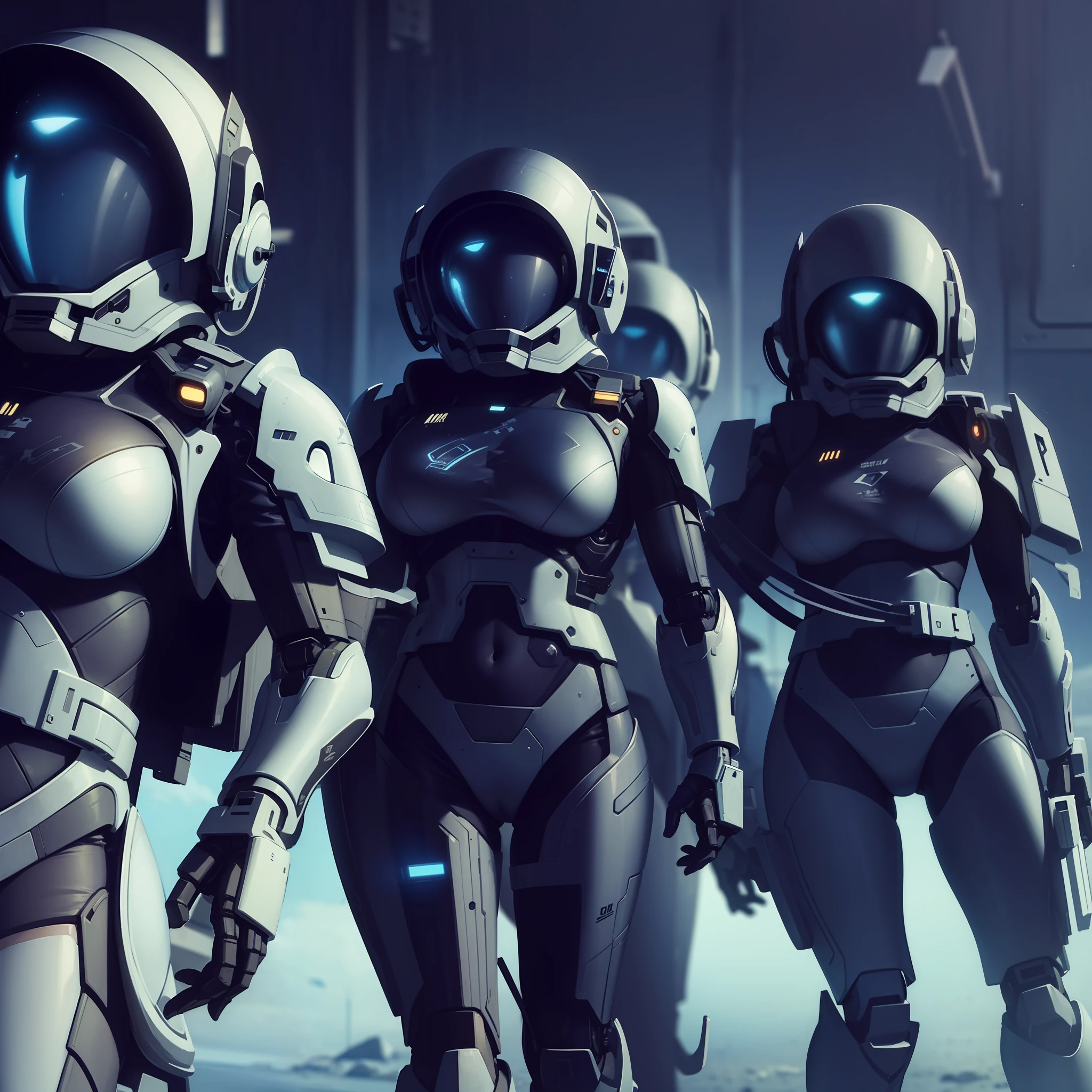 extremely anime line art, sexy spacesuit, beautiful, fantasy space team, female Marines, robotic-like.