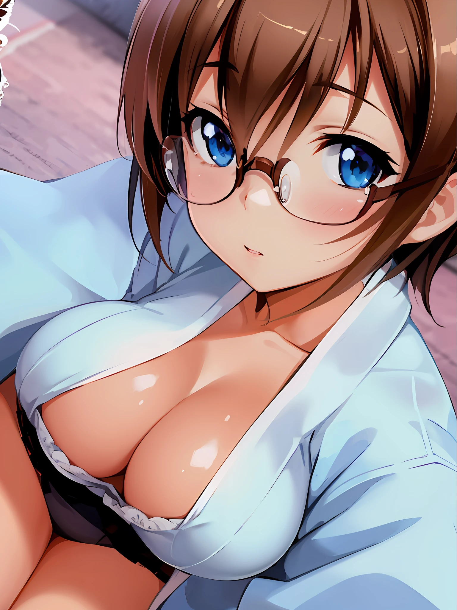 master-piece, hyper quality, hyper detailed, perfect drawing, CG, 3D, 8k,illustration,beautiful face,solo, beauty, glasses, yukata, glowing body, reddish skin, drooling, fluffy chest, moist eyes, seduction, indulgence, aphrodisiac, Japanese-style room, tatami mats, futon, accurate drawing, Detailed drawing