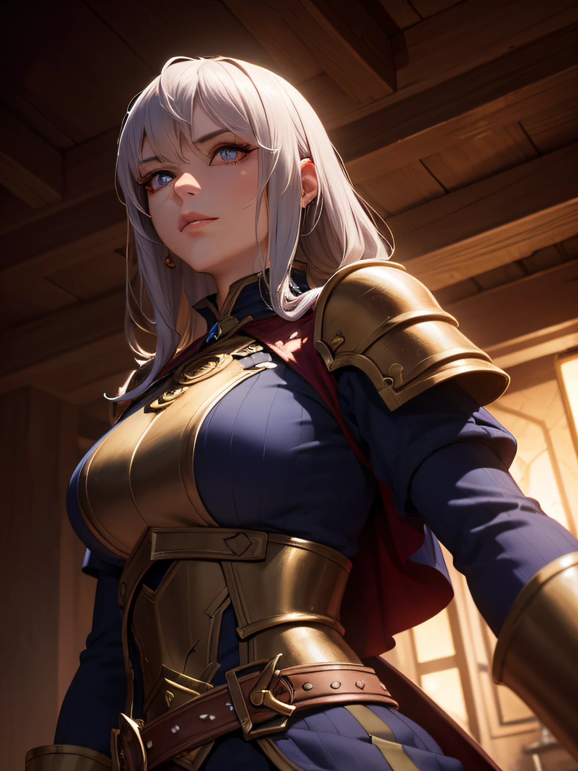 (fantasy setting), dark tavern, female paladin, confident face, extreme low angle, bright backglow, dark lighting