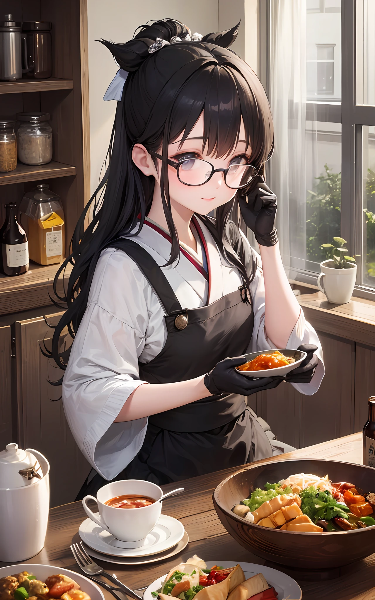 Top Quality, 8K, 4K, High Definition, Details Beautiful round glasses girl, black haired girl, eating lunch, kitchen, Japanese style costume, Taisho roman,