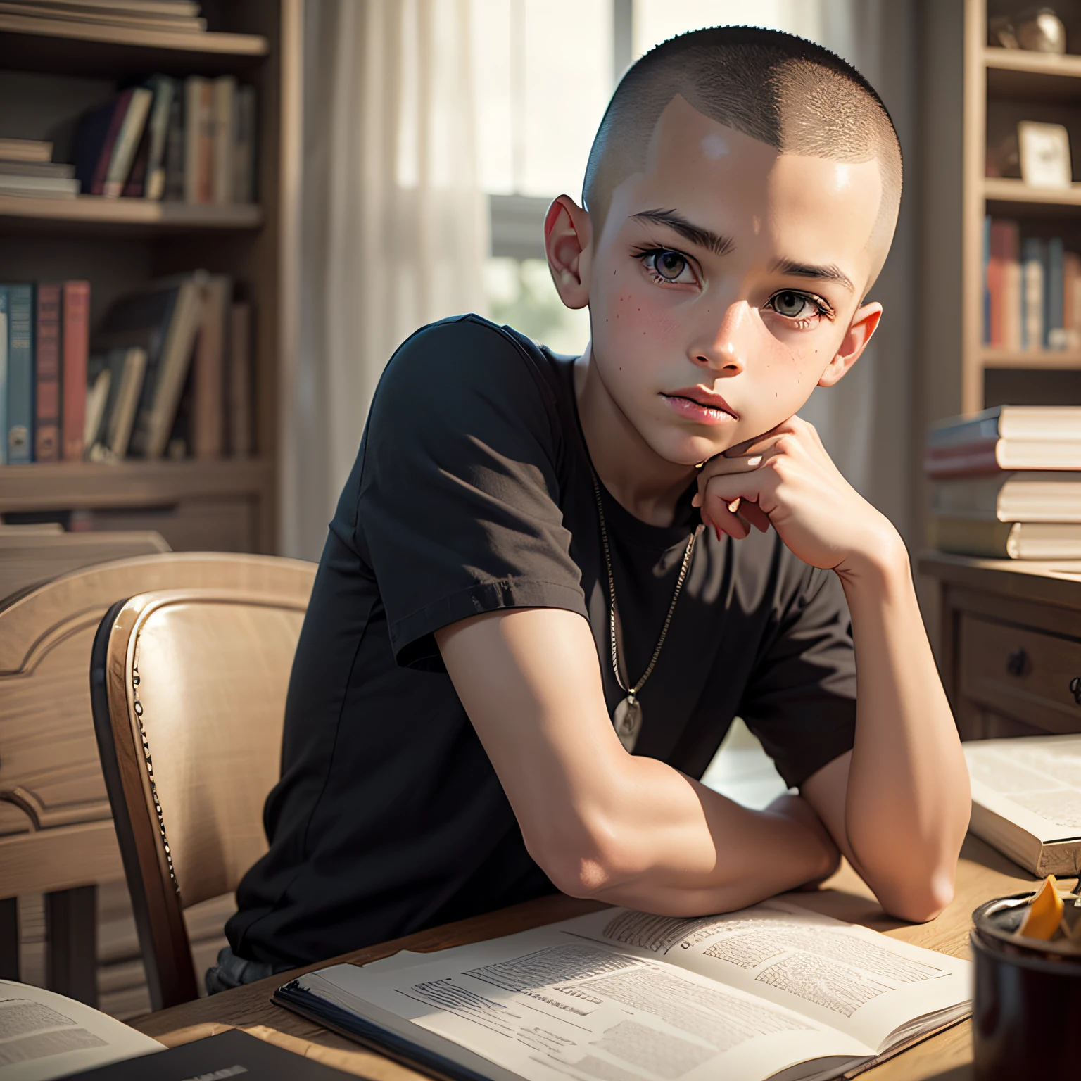 Intelligent 10-year-old boy with a shaved head, problem solver. --auto