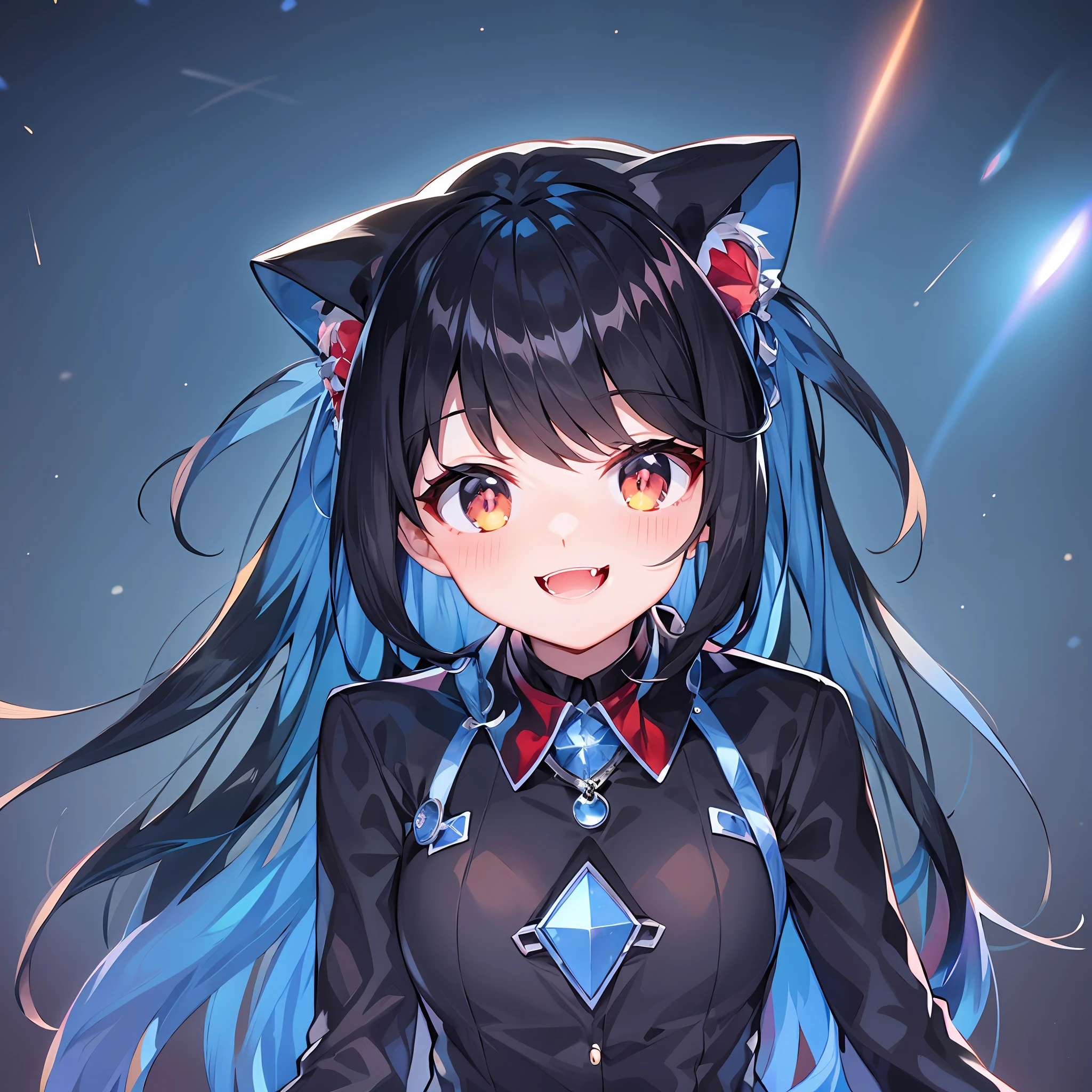 Black hair, space backdrop, big moon, smile, fangs