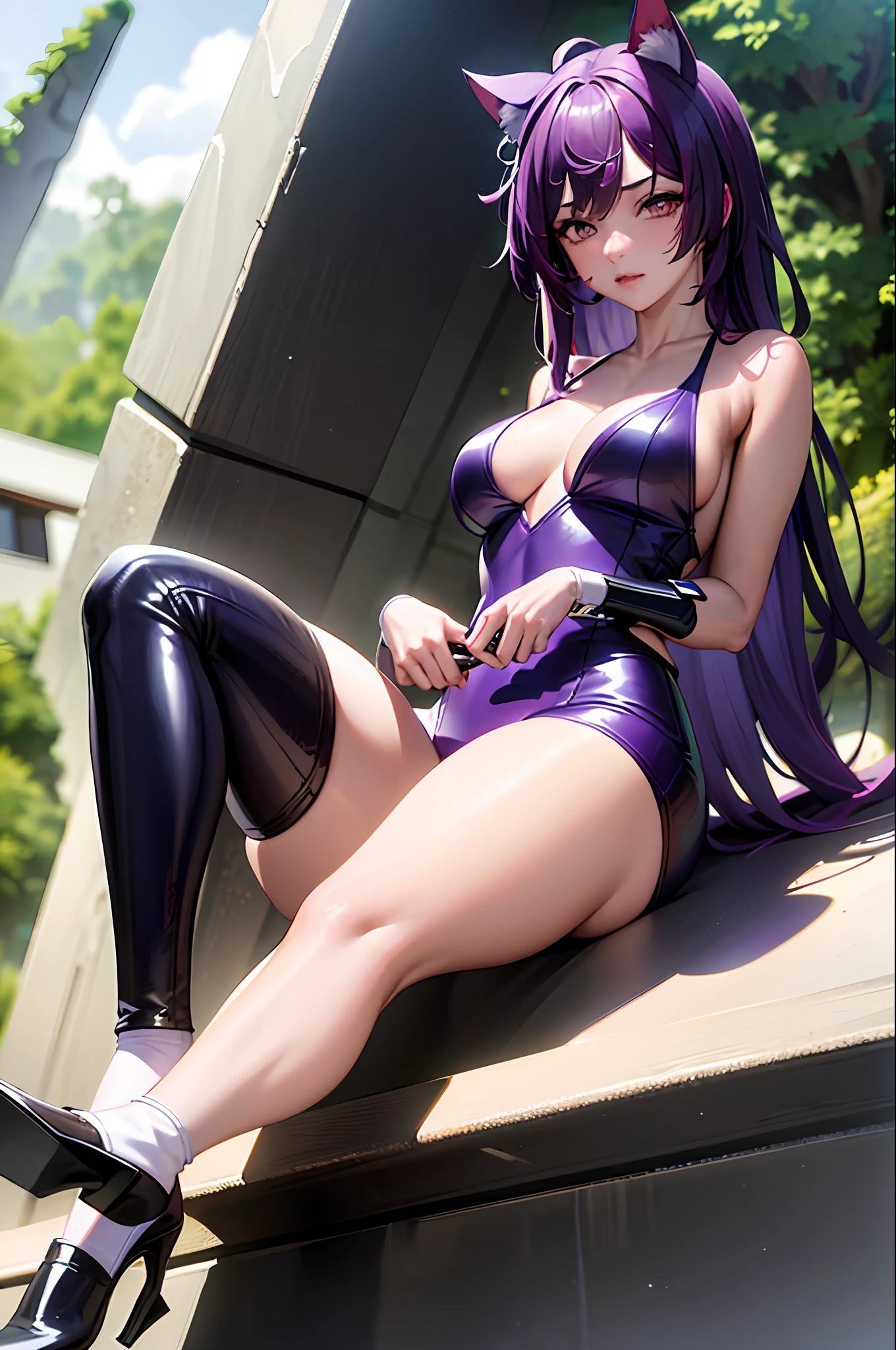 ((masterpiece, best quality)), (1girl), (solo), (female focus), catgirl, cat ears, purple hair, very long hair, bodysuit, sensual clothing, sensual face, white clothing, sitting, thick thighs