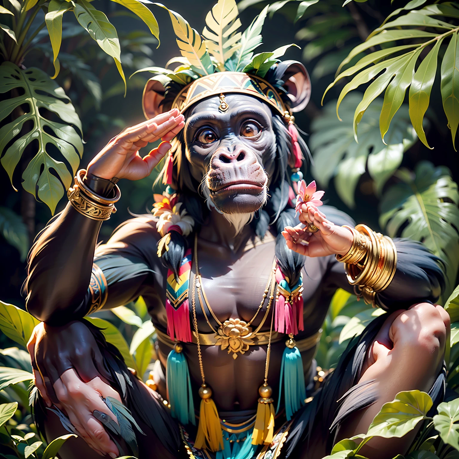 Chimpanzee ((indigenous),, ((with praying hands)),, chimpanzee hands, hair with details, with indigenous headdress on the head, ((meditating)) colorful feathers, facing the camera, detail: dense tropical foliage, highly detailed intricate, ((masterpiece)), ultra hyperrealistic, masterpiece