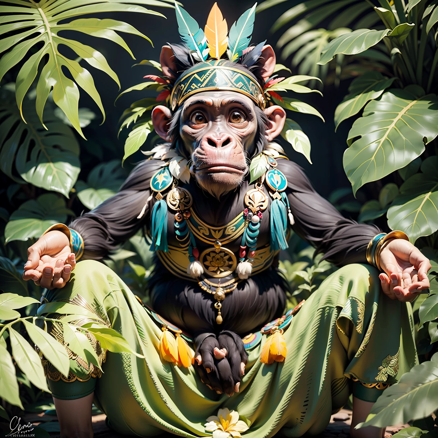 Chimpanzee ((indigenous),, ((with praying hands)),, chimpanzee hands, hair with details, with indigenous headdress on the head, ((meditating)) colorful feathers, facing the camera, detail: dense tropical foliage, highly detailed intricate, ((masterpiece)), ultra hyperrealistic, masterpiece