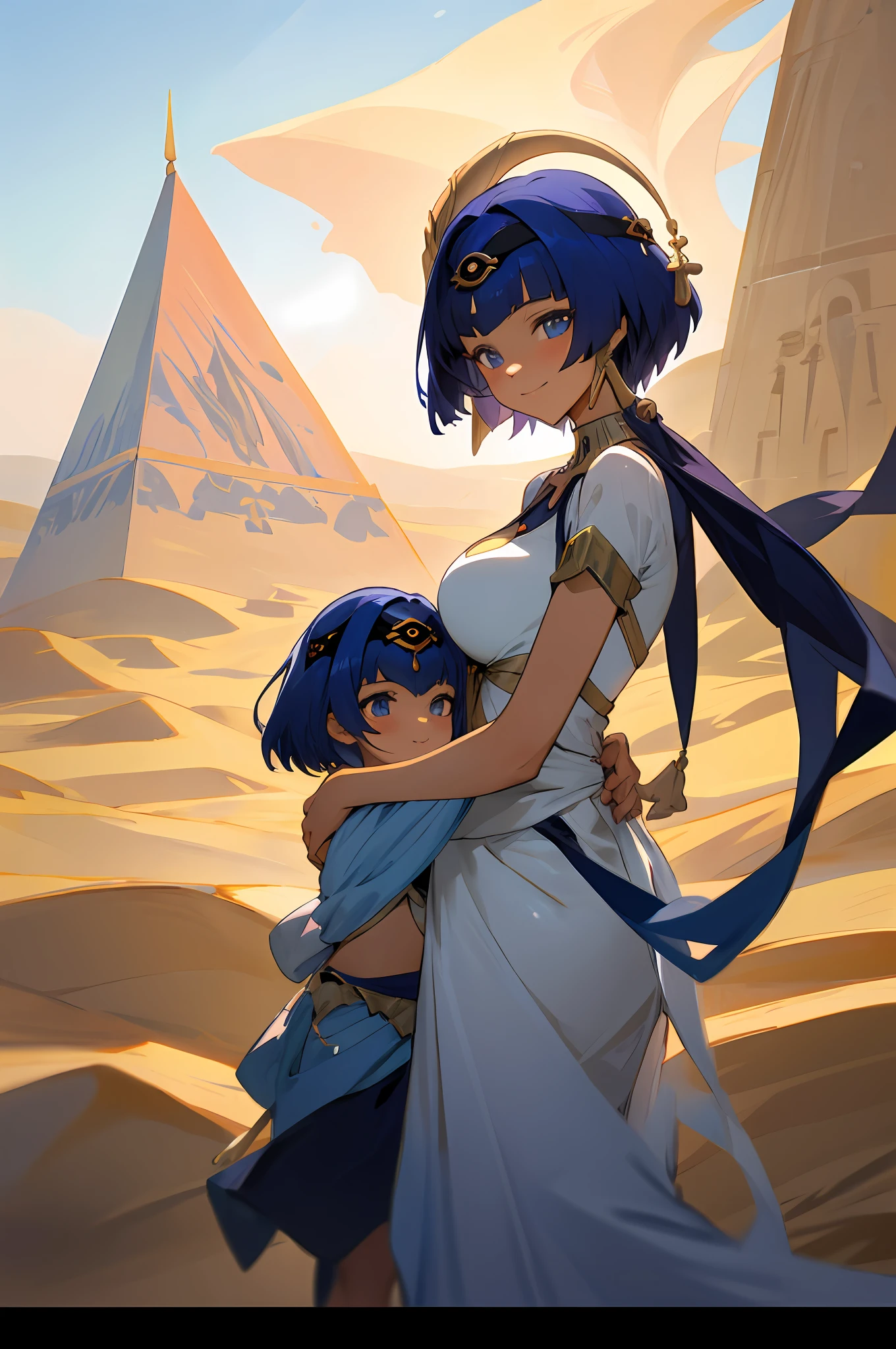 anime image of two women dressed in dress posing for a picture like egyptian desert clothes in summer, beautiful decoration on dress, palace a girl in palace,short hair, blue haired , anime fantasy illustration, from the azur lane videogame, genshin, cabdace detailed art, two beautiful anime girls, mother and child, symbol of maternal love, mother and child, such as photos of mother and child, smile, desert palace, pyramid