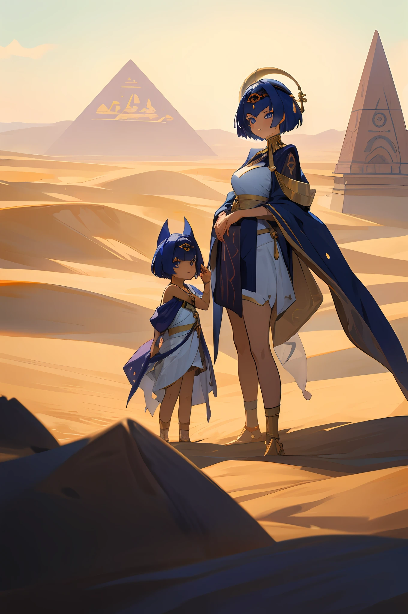 anime image of two women dressed in dress posing for a picture like egyptian desert clothes in summer, beautiful decoration on dress, palace a girl in palace,short hair, blue haired , anime fantasy illustration, from the azur lane videogame, genshin, cabdace detailed art, two beautiful anime girls, mother and child, symbol of maternal love, mother and child, such as photos of mother and child, smile, desert palace, pyramid, 1 blue eyes 1 more golden color