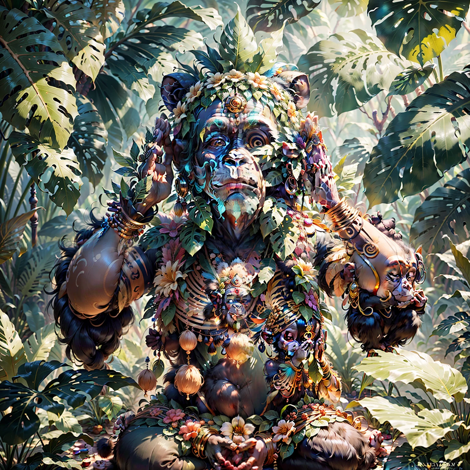 Chimpanzee ((indigenous),, ((with praying hands)),, chimpanzee hands, hair with details, with indigenous headdress on the head, ((meditating)) colorful feathers, facing the camera, detail: dense tropical foliage, highly detailed intricate, ((masterpiece)), ultra hyperrealistic, masterpiece
