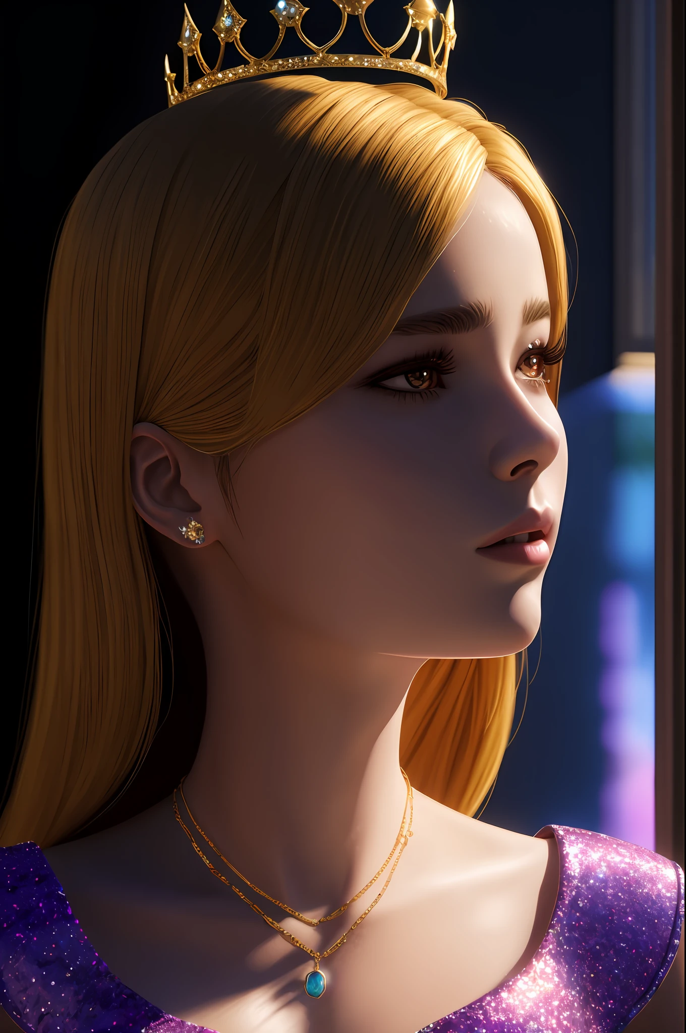 Comics, Masterpiece, Best Quality, 1Girl, Bust, Sad Princess, Fantasy, ((wlop painting)) from artstation, glitter jewelry, glare, iridescent colors, global illumination, real hair movement, realistic light, realistic shadows, side view, ((perspective)), soft light, dream light, perfect eyes, 4k background, romance, high detail, crown, gold and gemstones