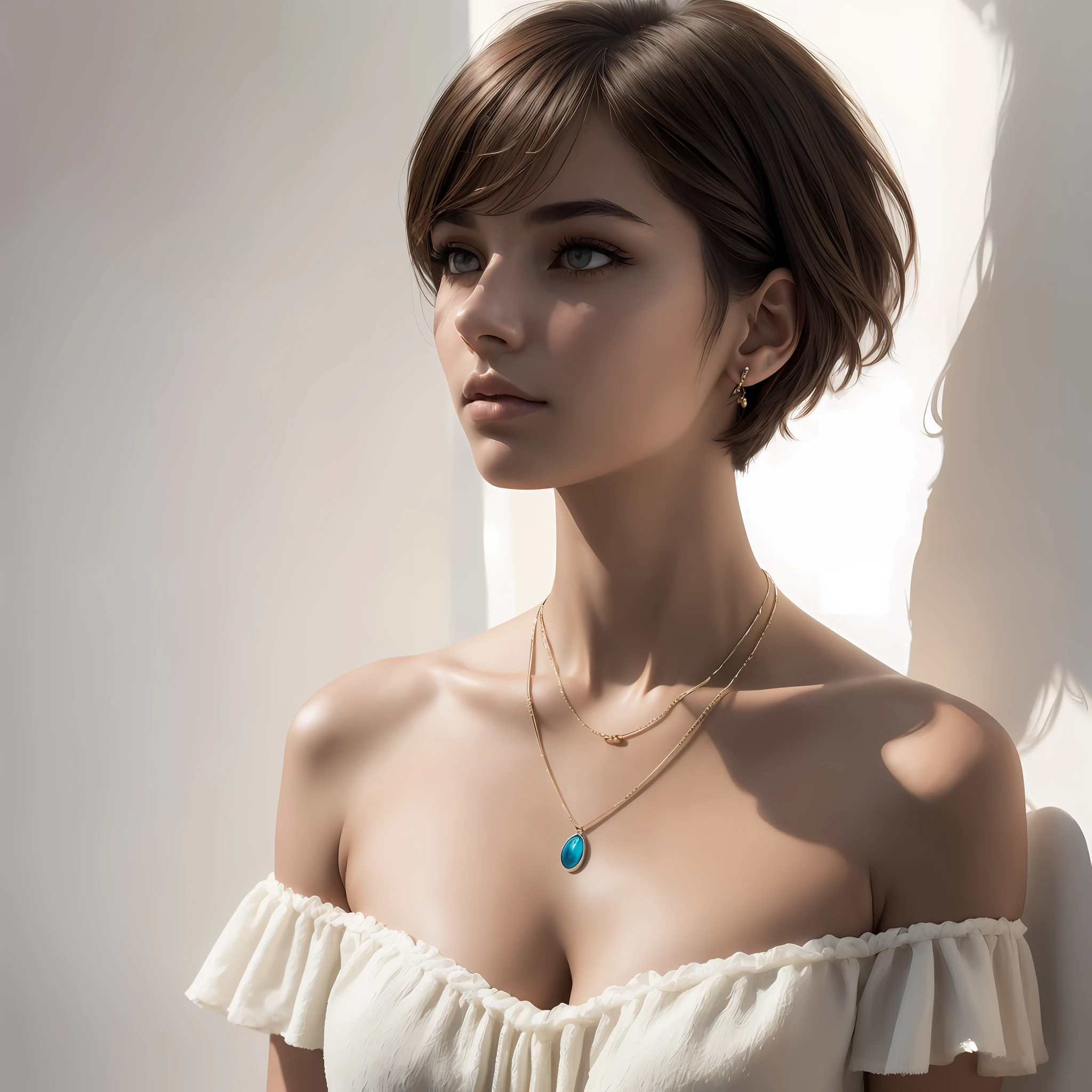 fashion photography portrait of 1girl, offshoulder, fluffy short hair, soft light, rim light, beautiful shadow, low key, (photorealistic, raw photo:1.2), (natural skin texture, realistic eye and face details), hyperrealism, ultra high res, 4K, Best quality, masterpiece, necklace, (cleavage:0.8), in the dark --auto