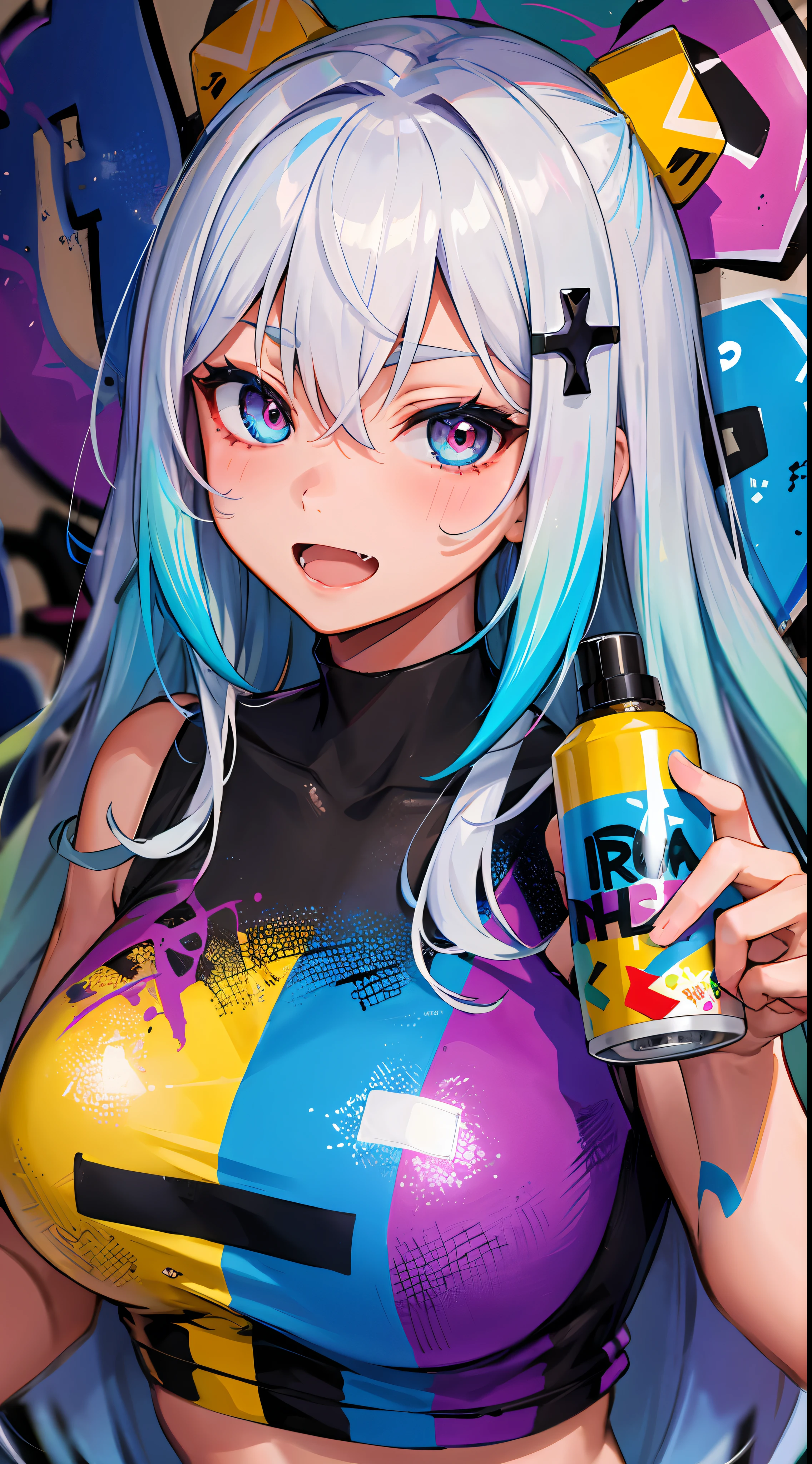 masterpiece, high quality, highres, absurdres, ultra-detailed, 8k, 1girl, medium breasts, platinum grey hair, blue hair, multicolored hair, gradient hair, open mouth, fang, looking at viewer, (holding spray paint can), oversized clothes, colorful eyes, (messy painted body:1.05), (graffiti murals wall background:1.15), seductive smile, brilliant colorful paintings, bloom, portrait, cross hair ornament