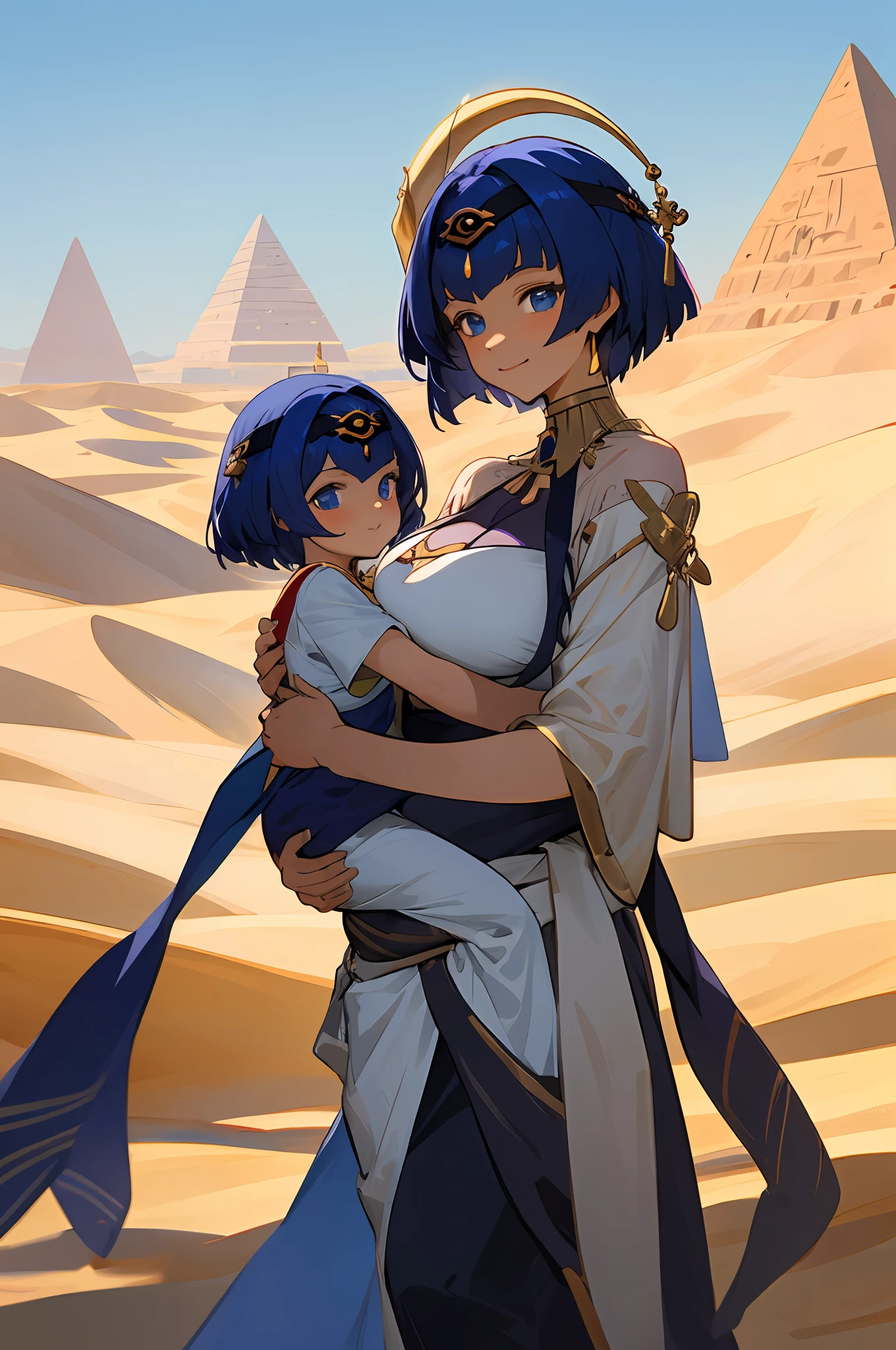 anime image of two women dressed in dress posing for a picture like egyptian desert clothes in summer, beautiful decoration on dress, palace a girl in palace,short hair, blue haired , anime fantasy illustration, from the azur lane videogame, genshin, cabdace detailed art, two beautiful anime girls, mother and child, symbol of maternal love, mother and child, such as photos of mother and child, smile, desert palace, pyramid, 1 blue eyes 1 more golden color, flowering cactus