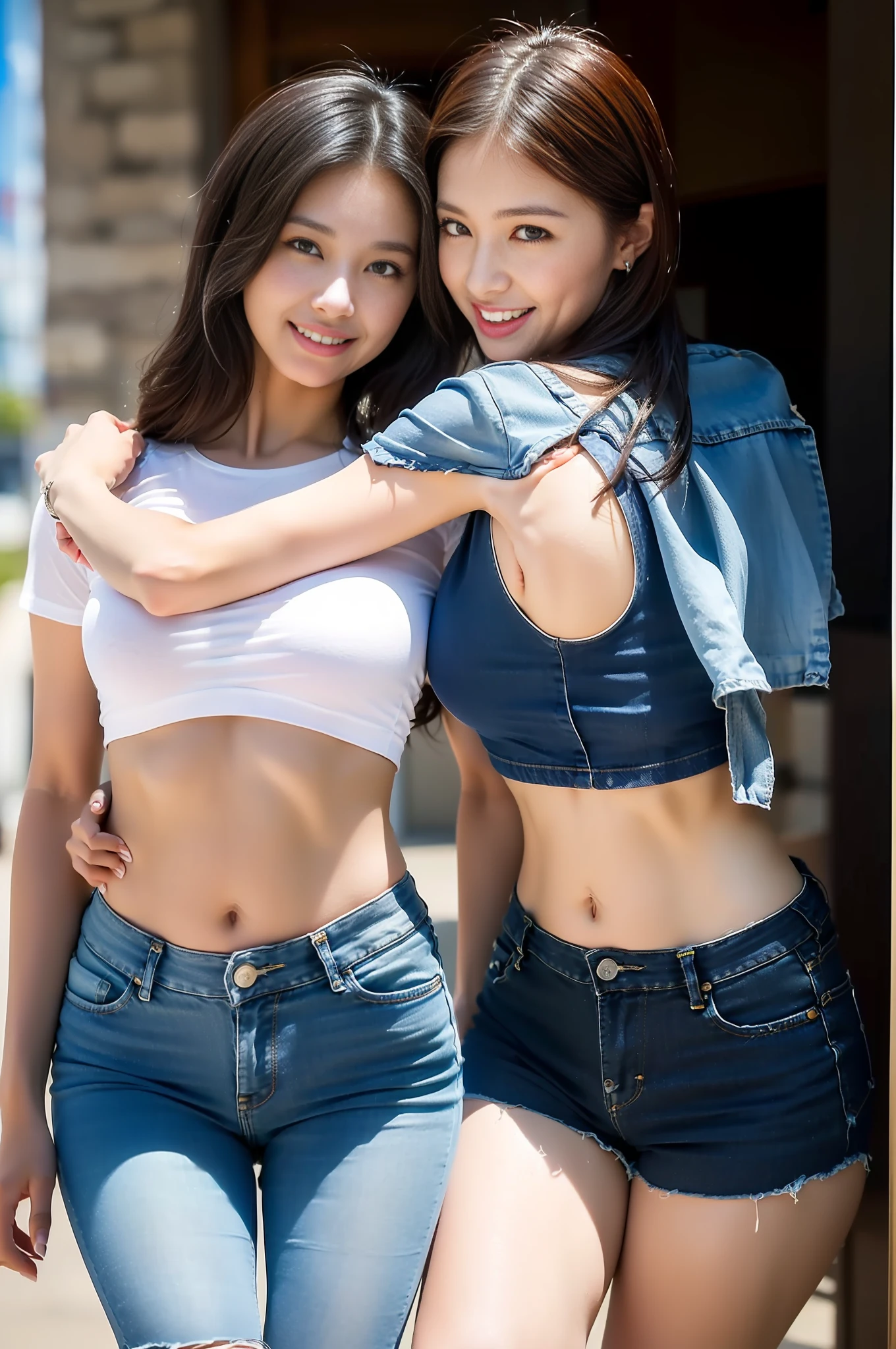 2 Korean girls shooting, sister flower, sister in short skirt, sister in shorts (sexy pose, seductive pose, realistic, realistic, 16k HD, masterpiece: 1.5, focus: 1.8), sister ((([wearing blue skinny denim skirt leaky navel and sheer shirt]), schoolgirl, slim perfect, (fashion short mid-straight hair: 1.5), 18 years old, (wearing a tight miniskirt: 1.5), (low-rise crop top: 1.5), (realistic details brand denim kimono: 1.2), wearing stylish sheer tight short sleeves, sheer top (brand: 1.5, realistic perspective: 1.5, transparent: 1.5, bare breasts and bulge: 1.5), round white calves: 1.2, wearing stiletto heels (delicate stiletto heels with crystal band, high quality: 1.2)), sister (([wearing crop top denim shorts (skinny denim shorts, tight pants) and sheer shirts], Slim and perfect, schoolgirl, (fashion shawl straight hair: 1.5), 18 years old, (wearing denim shorts (tight shorts): 1.2), (low-rise crop top: 1.5), (realistic details high-end brand shorts, tight pants, denim shorts: 0.8), wearing fashion sheer tight short sleeves, Transparent top (brand: 1.5, slim, realistic perspective: 1.5, transparent: 1.5, bare breasts and areola: 1.5), round white calves: 1.2 wearing stiletto heels (delicate stiletto shoes crystal band sandals, high quality: 1.2)), surreal schoolgirl, realistic schoolgirl, schoolgirl pose, model pose, wet on rainy days, shoot full body ((full body: 1.8)), beautiful skin, glowing skin, slim beautiful thighs, Perfect thighs: 1.0, perfectly rounded calves: 1.0, fair and tender toes: 1.0, beautiful breasts: 1.5, beautiful buttocks: 1.5, upturned buttocks: 0.7, best quality, fair skin, real skin, (detail face), sister goose egg face, sister melon seed face, pores, super resolution, (16k, original photo, realistic: 1.4), 2 girls, slim, (smile, teeth and tongue: 1.2, happiness: 1.2), (eyes, lip gloss, face, Perfect, realistic, super detailed, wide lighting, natural shadows), shooting full-body: 1.8 --auto