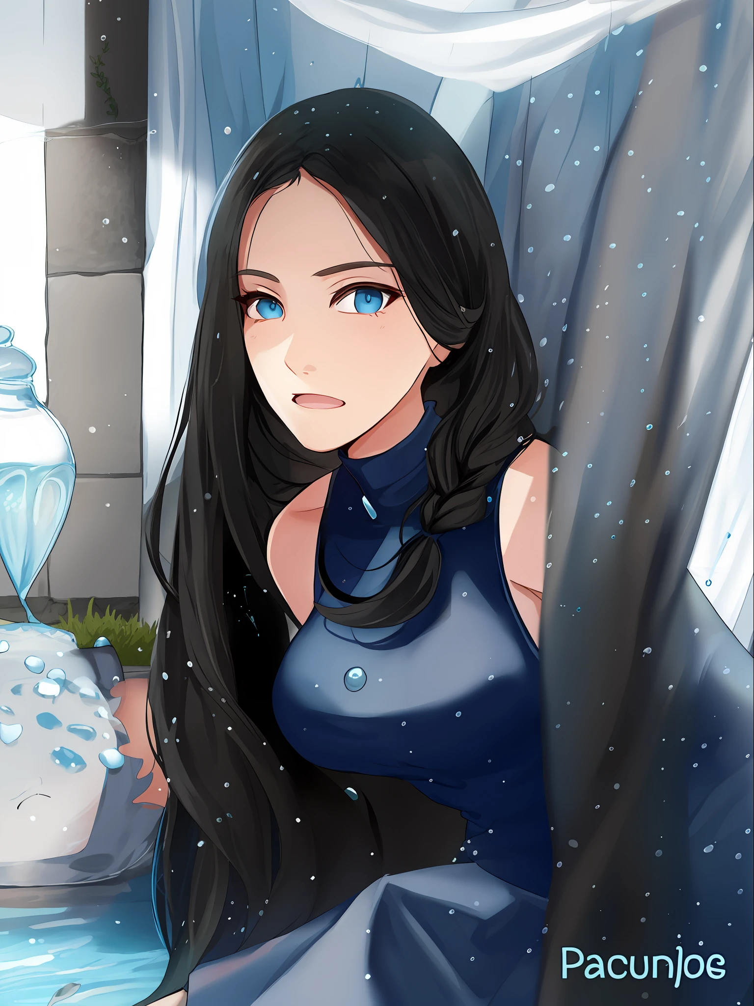 Slender woman, 35 years old, very long black hair braided, blue sleeveless dress, sweet expression, water, Greek woman