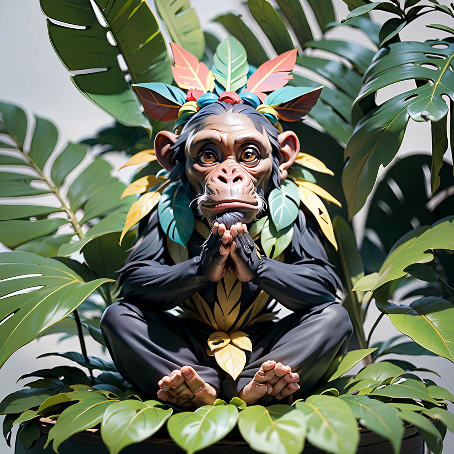 Chimpanzee ((indigenous),, ((with praying hands)),, chimpanzee hands, hair with details, with indigenous headdress on the head, ((meditating)) colorful feathers, facing the camera, detail: dense tropical foliage, highly detailed intricate, ((masterpiece)), ultra hyperrealistic, masterpiece