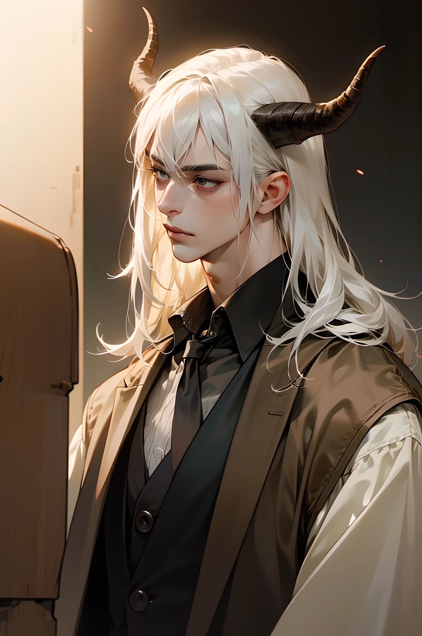 ((Masterpiece, Top Quality, Cinematic Light)), Adult, Male 1, Handsome, tall muscular man, broad shoulders, delicate eyes and delicate face, white hair, detailed background, subway background, black clothes, pouty pointy hair, goblin horns,