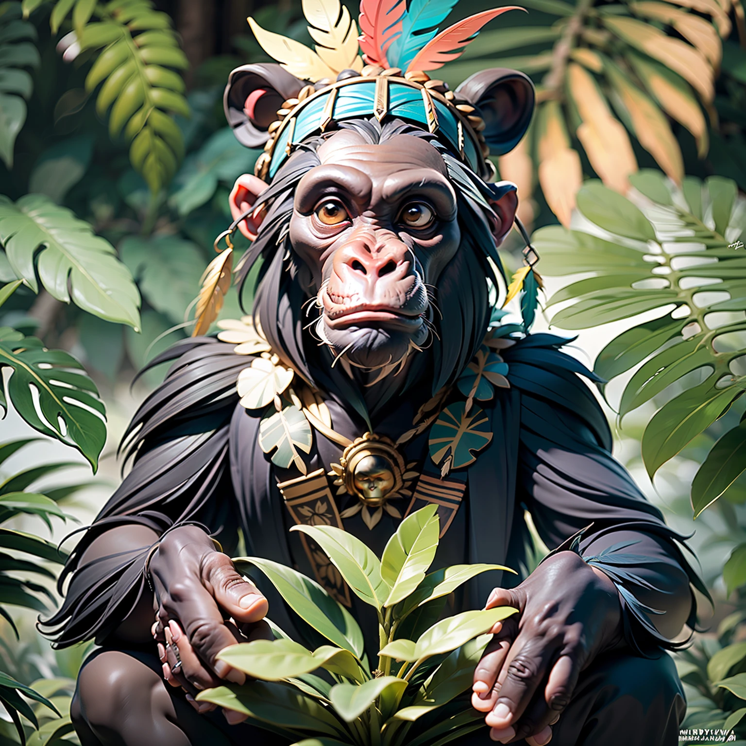 Chimpanzee ((indigenous),, ((with praying hands)),, chimpanzee hands, hair with details, with indigenous headdress on the head, ((meditating)) colorful feathers, facing the camera, detail: dense tropical foliage, highly detailed intricate, ((masterpiece)), ultra hyperrealistic, masterpiece