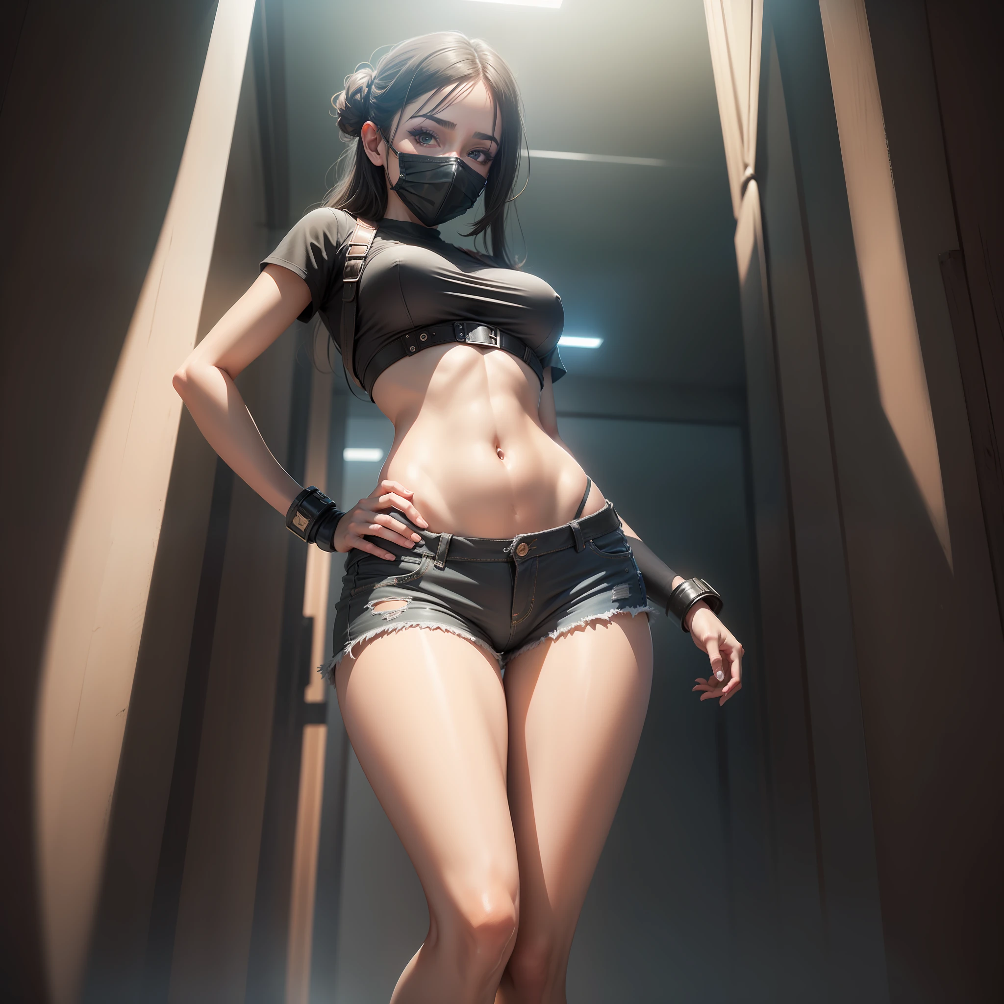 best quality, masterpiece, high resolution, 8K, (realistic: 1.4), super high resolution, 1 girl, super detailed, surreal, highly detailed CG illustration, official art, cinematic light, reality, young beautiful girl, perfect figure, perfect body, full viewing angle, perfect body, (from below: 1.3), wearing mask, pose, sexy long legs, confident, beautiful sexy, gray short sleeves, open abdomen, black super shorts with open belly button, S-shaped body, hips upturned, posing, posing, posing, Different perspectives, atmospheric distance sense