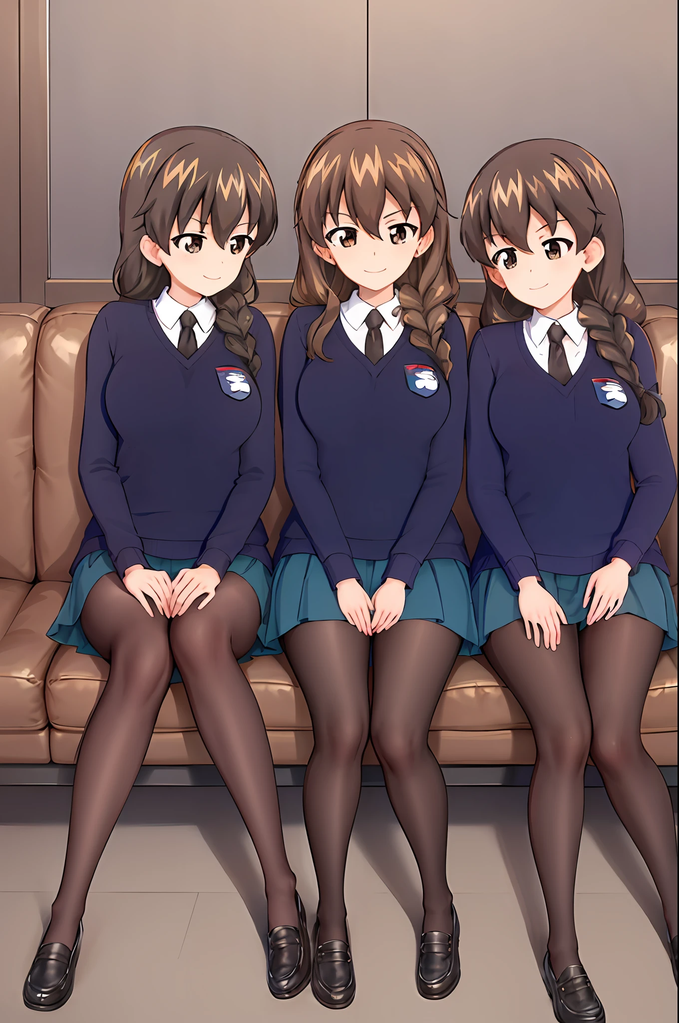 masterpiece, best quality, 3girls, trio, girls und panzer, rukuriri,single braid, hair over shoulder,st. gloriana's school uniform, blue sweater, blue skirt, black necktie, white shirt, black pantyhose, st. gloriana's \(emblem\), sitting, crossed legs,light smile, blush, indoors, couch