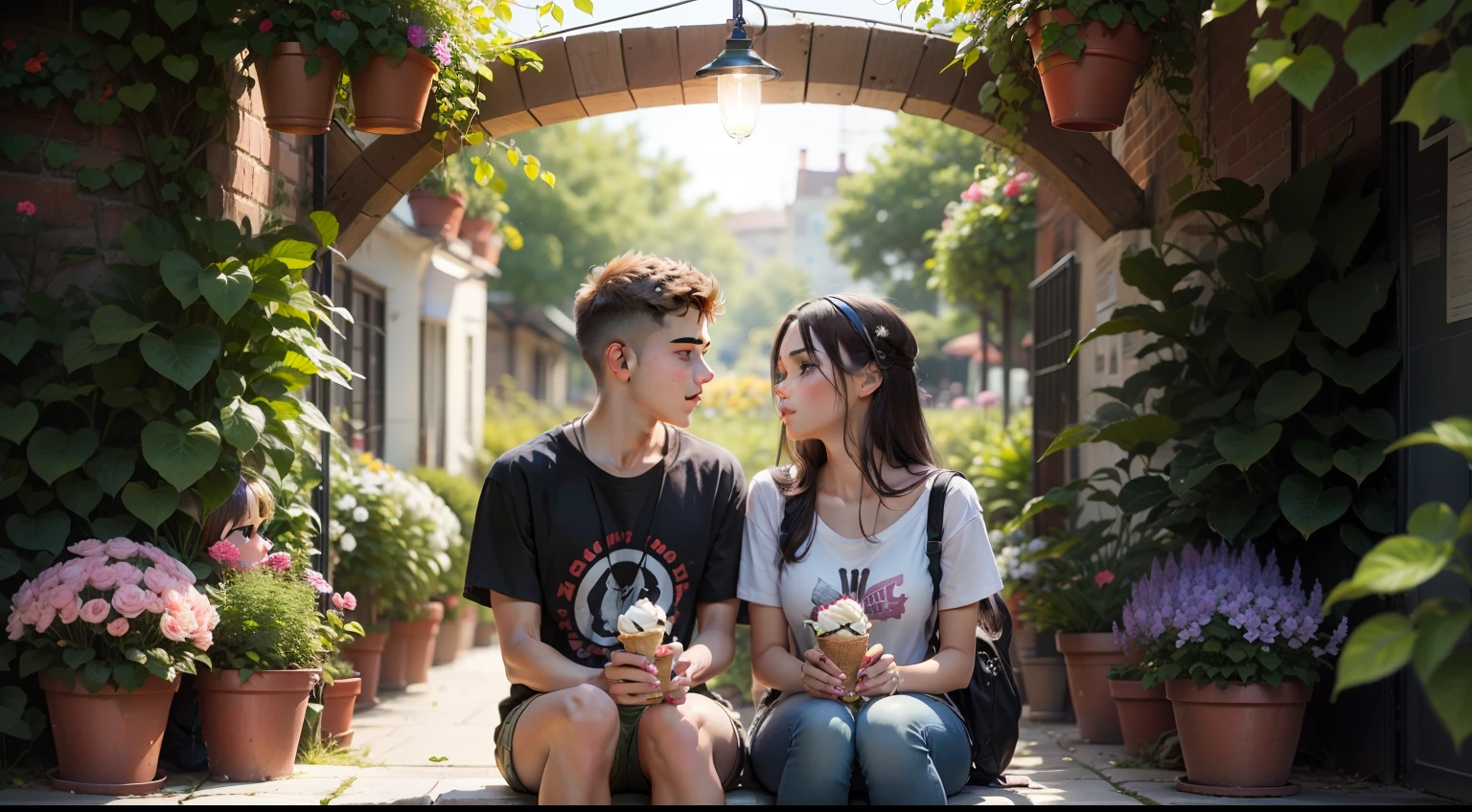 Create image of a couple of teenagers dating in a flower garden and having ice cream