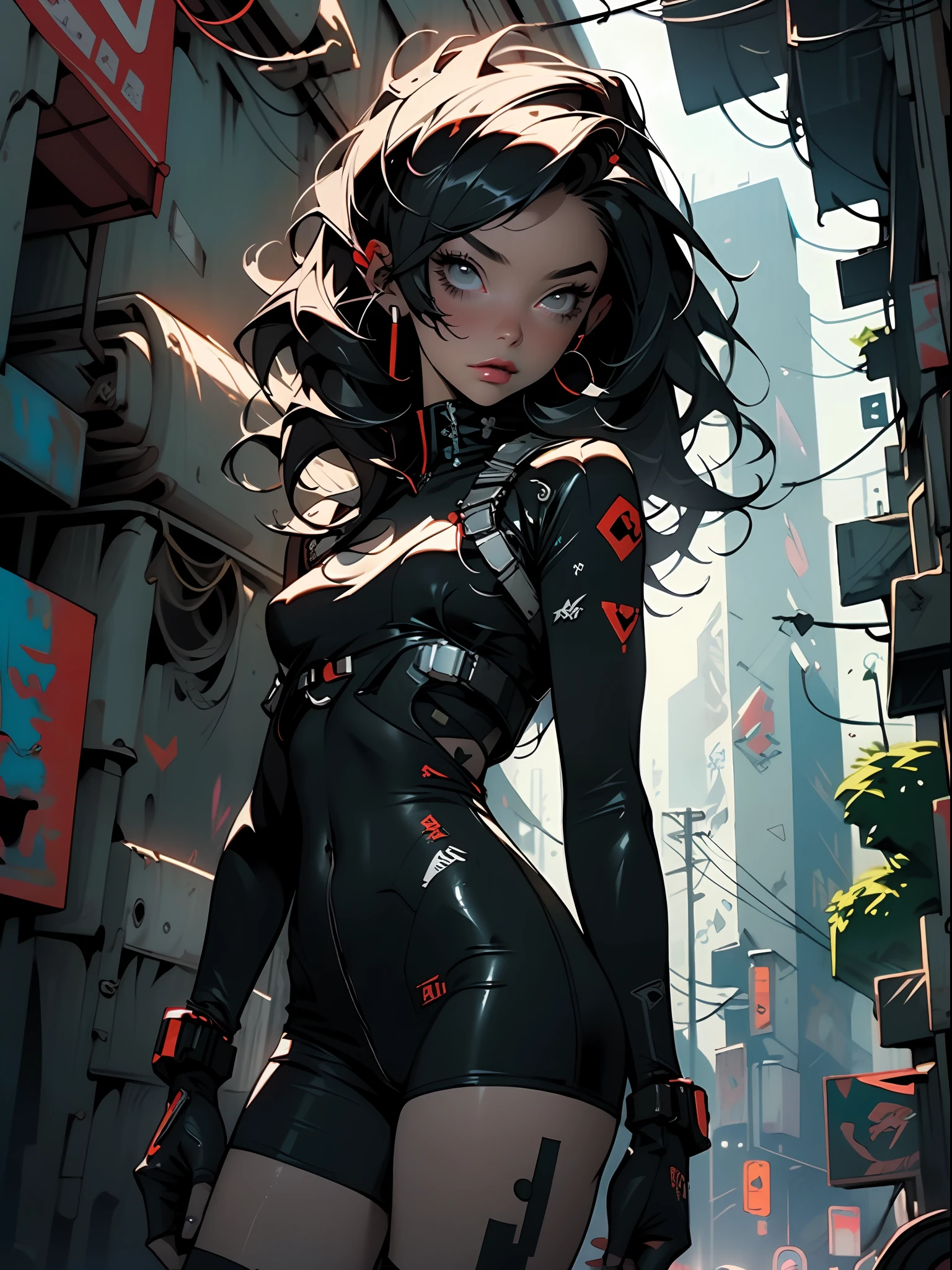 ((Best quality)), ((masterpiece)), (highly detailed:1.3), 3D, black woman goddess (cyberpunk:1.3), woman dressed as sexy one-piece maid, long black hair looking at camera, nsfw