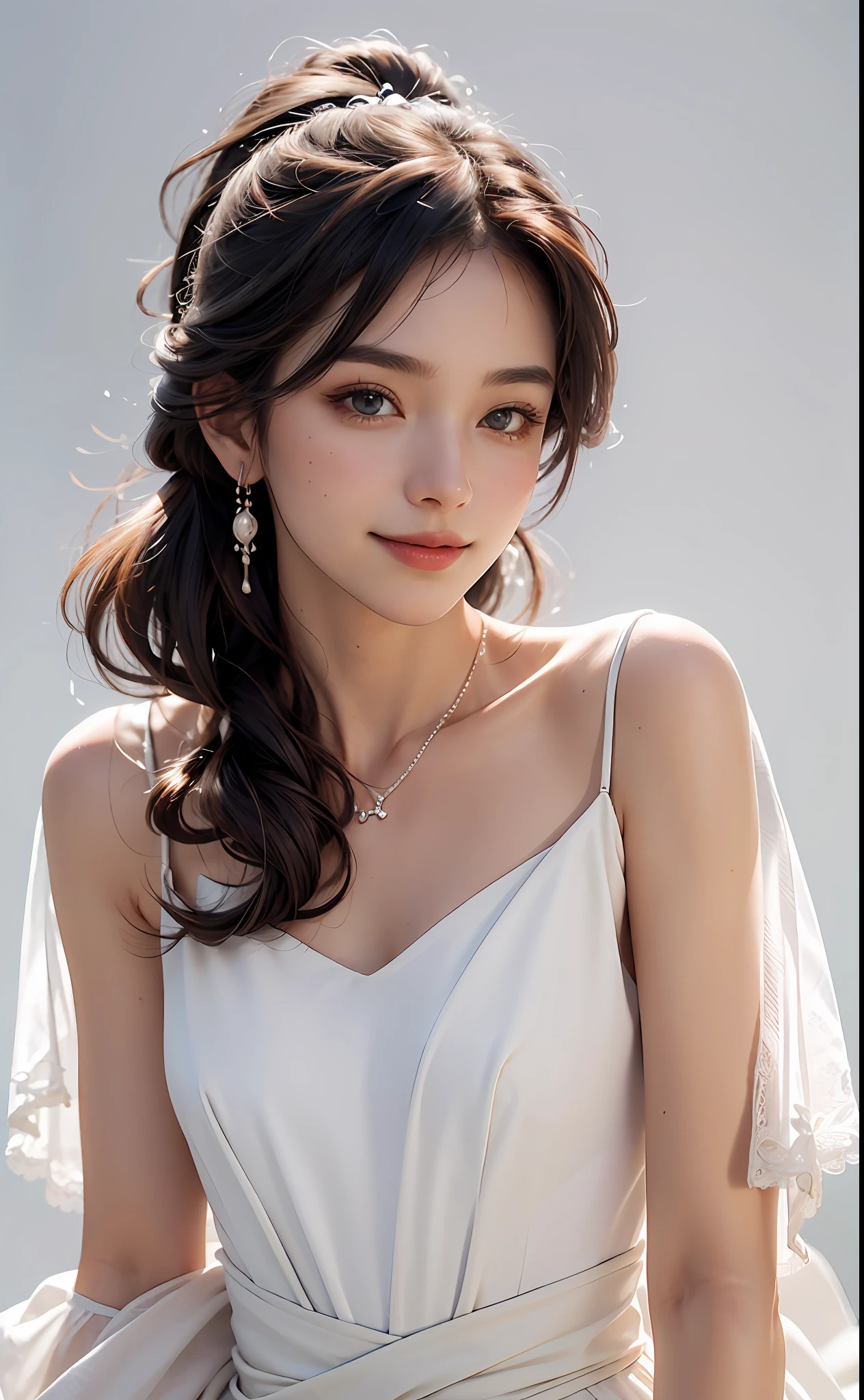 8k, (smile)), 25 years old, View viewer, ((Attractive face)), Beautiful dress in detail, Ultra high quality, ((Body from waist up)), Photo realistic, Beautiful face and eyes in every detail, (hairstyle up),One piece, (White marble background), Top quality, Real, Fantasy, Real skin, Full color, Top quality, Very delicate and beautiful, Raw photo details, Professional photography, Solo, Beautiful lips, Facing forward, Top quality, Real skin, Full color, Raw photo details, Realistic photo