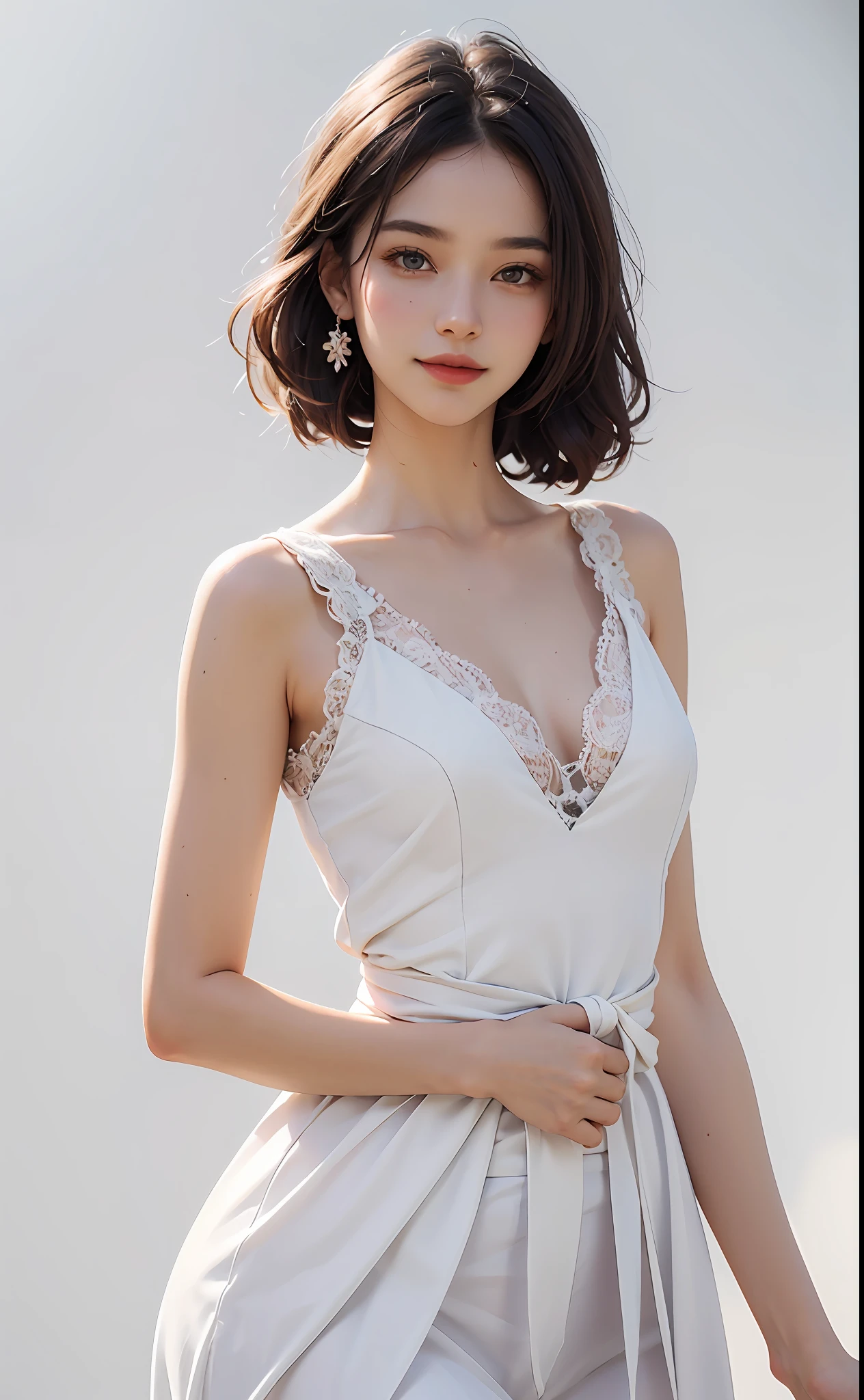 8k, (smile)), 25 years old, View viewer, ((Attractive face)), Beautiful dress in detail, Ultra high quality, ((Body from waist up)), Photo realistic, Beautiful face and eyes in every detail, (hairstyle up),One piece, (White marble background), Top quality, Real, Fantasy, Real skin, Full color, Top quality, Very delicate and beautiful, Raw photo details, Professional photography, Solo, Beautiful lips, Facing forward, Top quality, Real skin, Full color, Raw photo details, Realistic photo