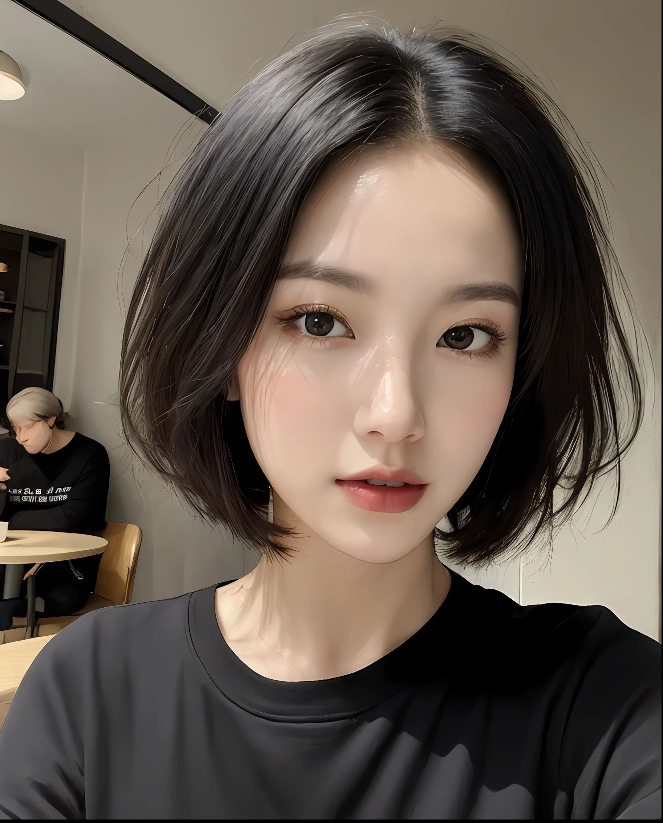 (Masterpiece: 1.3), (8k, Photorealistic, RAW Photo, Best Quality: 1.4), (1girl), Beautiful Face, (Realistic Face), (Black Hair, Short Hair: 1.3), Beautiful Hairstyle, Realistic Eyes, Beautiful Detail Eyes, (Realistic Skin), Beautiful Skin, (Black T-Shirt), Absurd, Attractive, Ultra High Definition, Ultra Realistic, High Definition, Golden Ratio, Cafe
