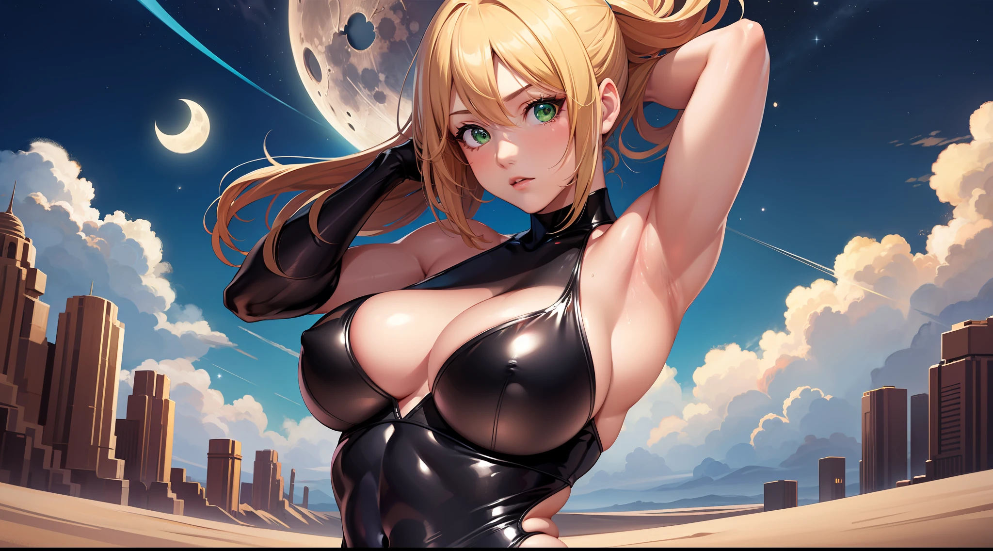 1 girl, ig model, ninja, bodysuit, action pose, arms up, arms behind head, blonde hair, long hair, green eyes, lewd face, sexy, cleavage, armpits, large breasts, wide hips, thick thighs, muscles, abs, realistic, ray traced, desert, sand, night, stars, moon, clouds