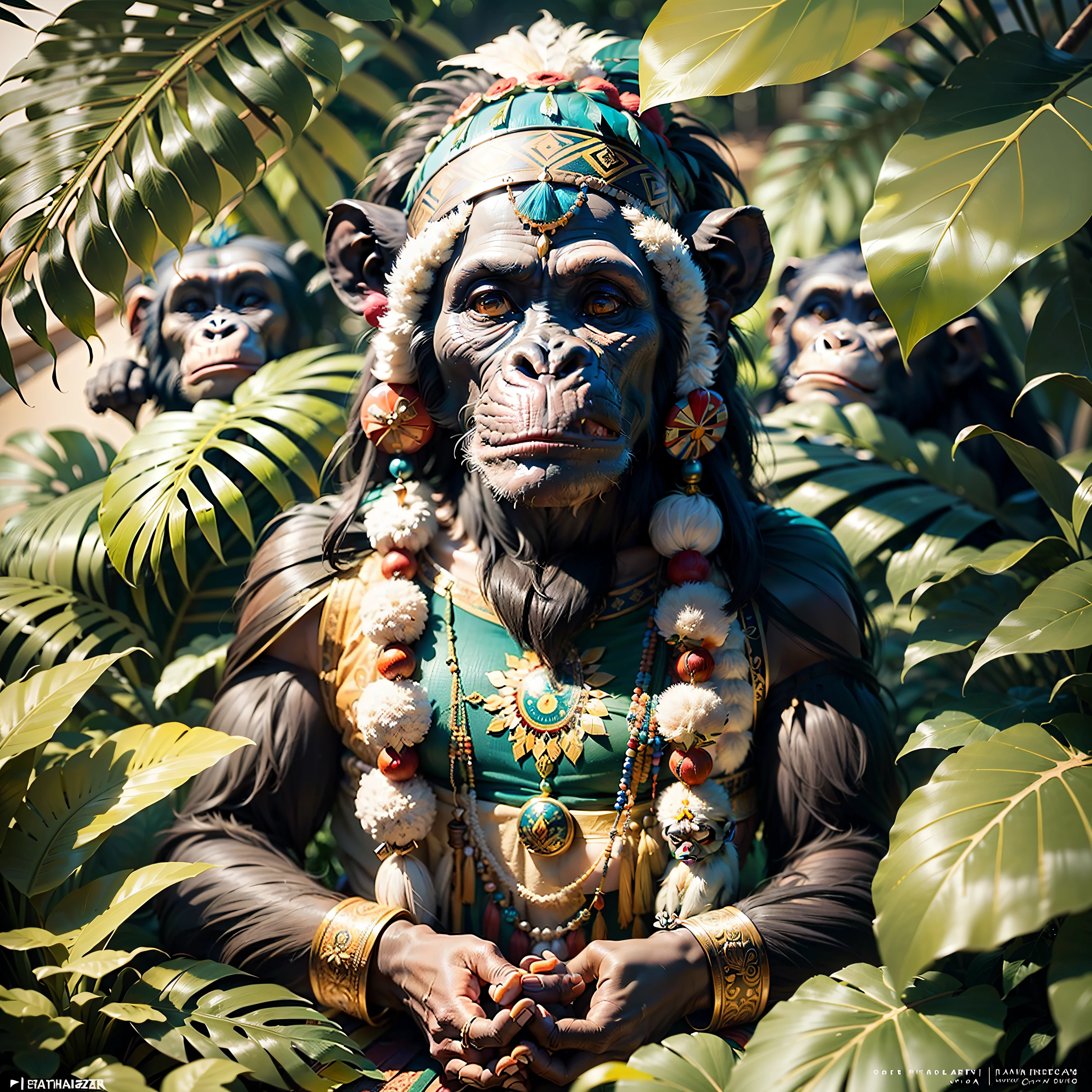 Chimpanzee ((Indian),, ((with hands praying)),, chimpanzee hands, hair with details, with indigenous headdress on the head, ((meditating)) colorful feathers, facing the camera, detail: dense tropical foliage, highly detailed intricate, ((masterpiece)), ultra hyperrealistic, masterpiece