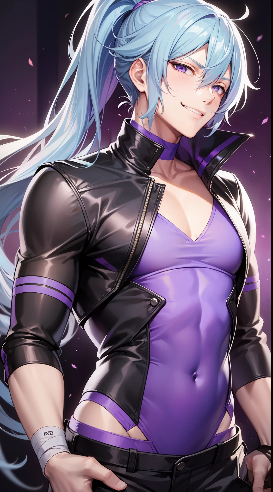 Young guy, long light blue hair, high ponytail, purple eyes, smirk, purple shirt, black pants, chest neckline, arm bandages, masterpiece, high quality