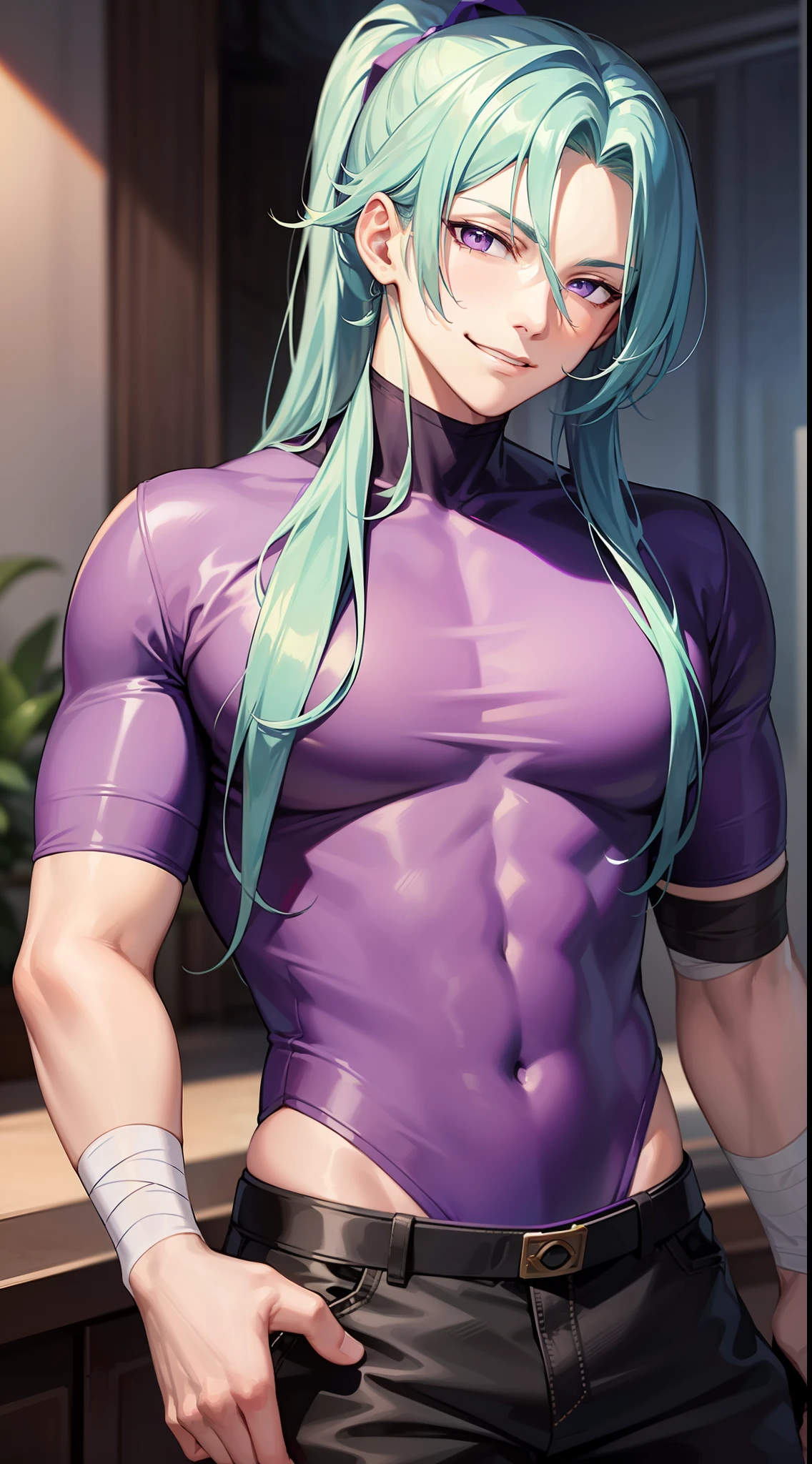 Young guy, long light blue hair, high ponytail, purple eyes, smirk, purple shirt, black pants, chest neckline, arm bandages, masterpiece, high quality