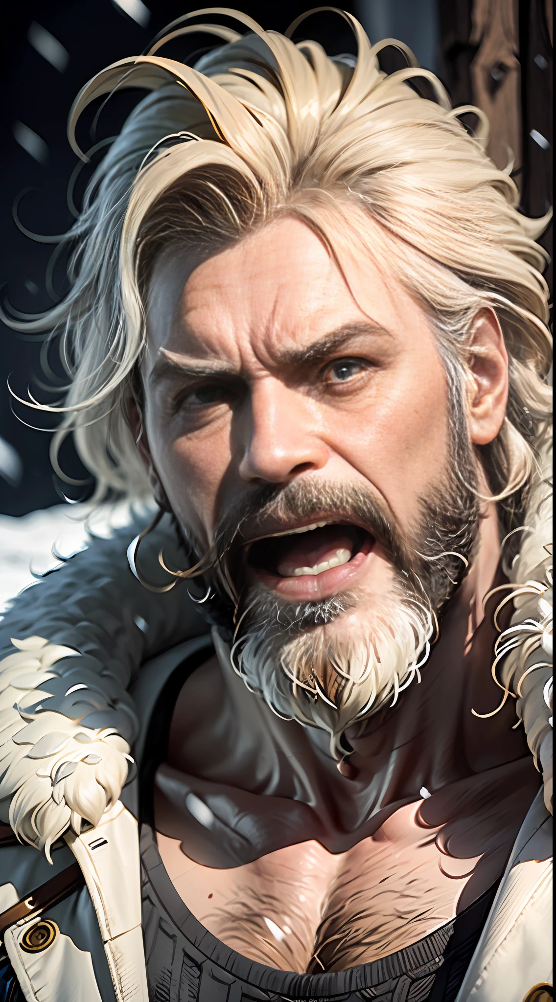 in pain, Danish man in his 40s, screaming in pain, blonde gray messy hair, big rough beard, blue eyes, heavy fur coat, sealskin boots, fully dressed, Arctic in the background, snow ice, 1900s, cinematic, detailed face, detailed eyes, detailed skin (photorealistic:1.4), 8k uhd, (hyper realistic), (photo realistic), (masterpiece), (best quality)