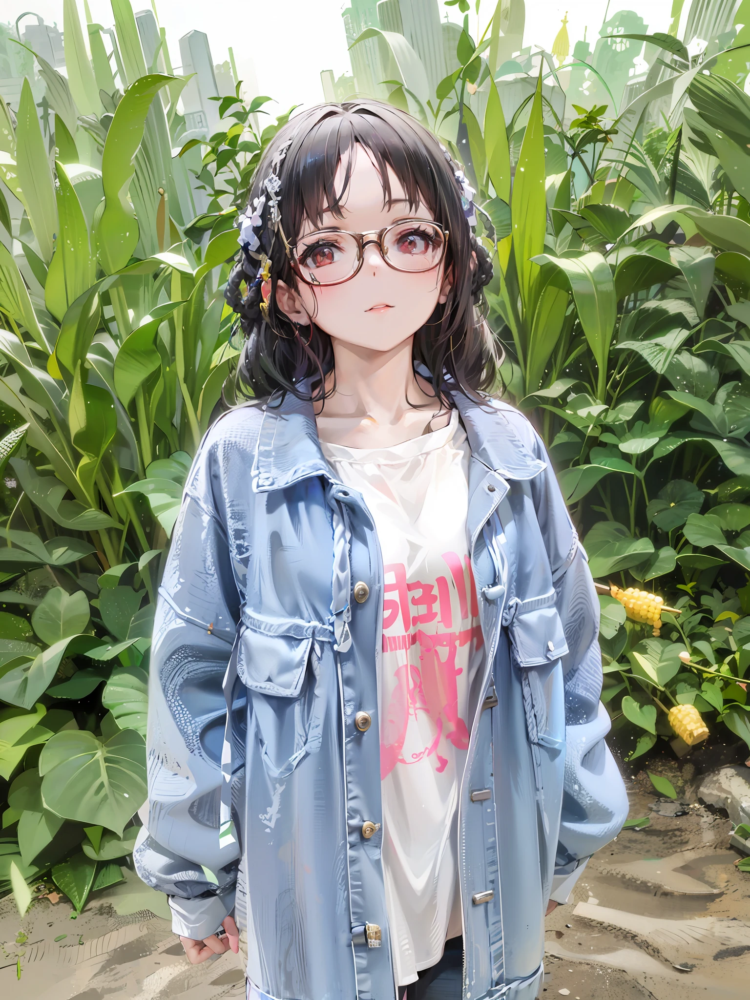 arafed girl in glasses standing in front of a corn field, young and cute girl, young asian girl, cute young girl, korean girl, with glasses, ulzzang, girl with glasses, young girl, girl wearing round glasses, zmonzheng, good young girl, wearing small round glasses, yanjun chengt, photo of the girl, denim jacket