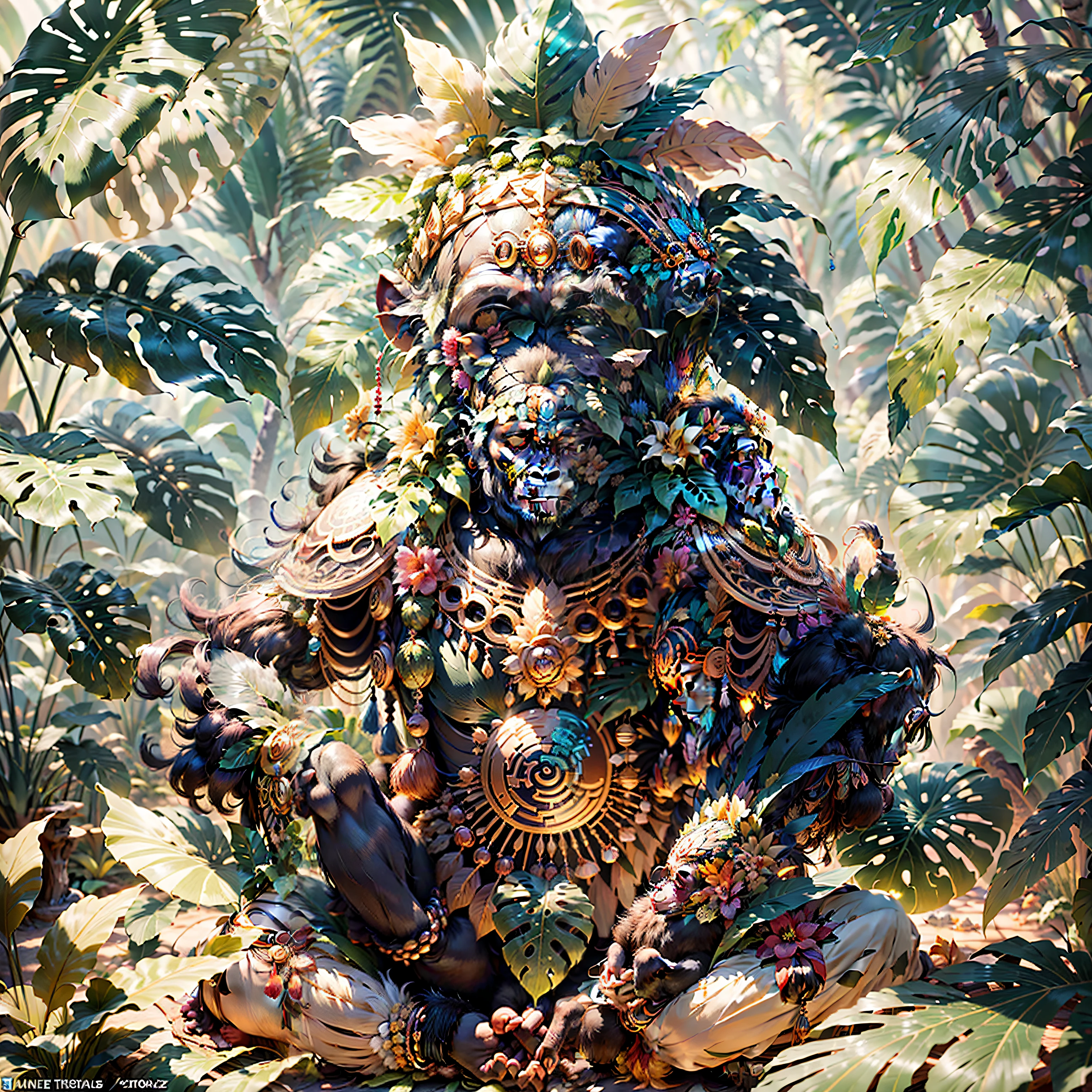 Chimpanzee ((indigenous),, ((with praying hands)),, chimpanzee hands, hair with details, with indigenous headdress on the head, ((meditating)) colorful feathers, facing the camera, detail: dense tropical foliage, highly detailed intricate, ((masterpiece)), ultra hyperrealistic, masterpiece